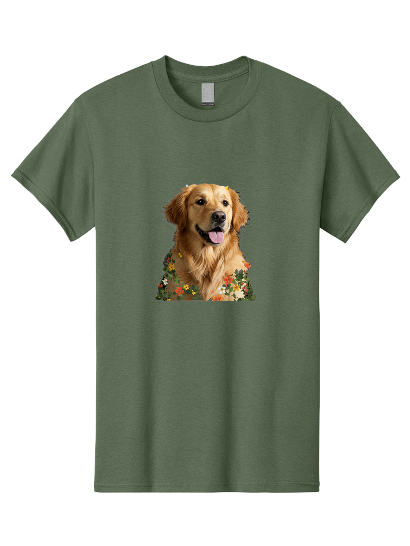 Golden-Retriever-With-Flowers-1 Men'S Graphic Tee, 100% Cotton, Comfortable Casual Summer Wear, Machine Washable, Golden Retriever Dog, Floral Pattern, Vibrant Flowers, Colorful Blooms, Happy Dog, Friendly Pet, Floral Design, Golden Fur, Bac000