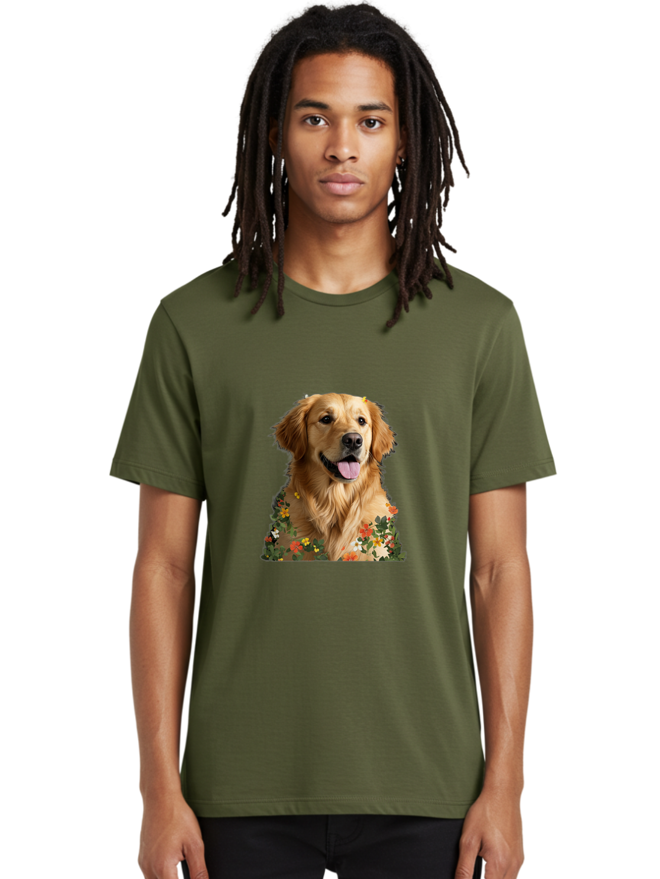 Golden-Retriever-With-Flowers-1 Men'S Graphic Tee, 100% Cotton, Comfortable Casual Summer Wear, Machine Washable, Golden Retriever Dog, Floral Pattern, Vibrant Flowers, Colorful Blooms, Happy Dog, Friendly Pet, Floral Design, Golden Fur, Bac000