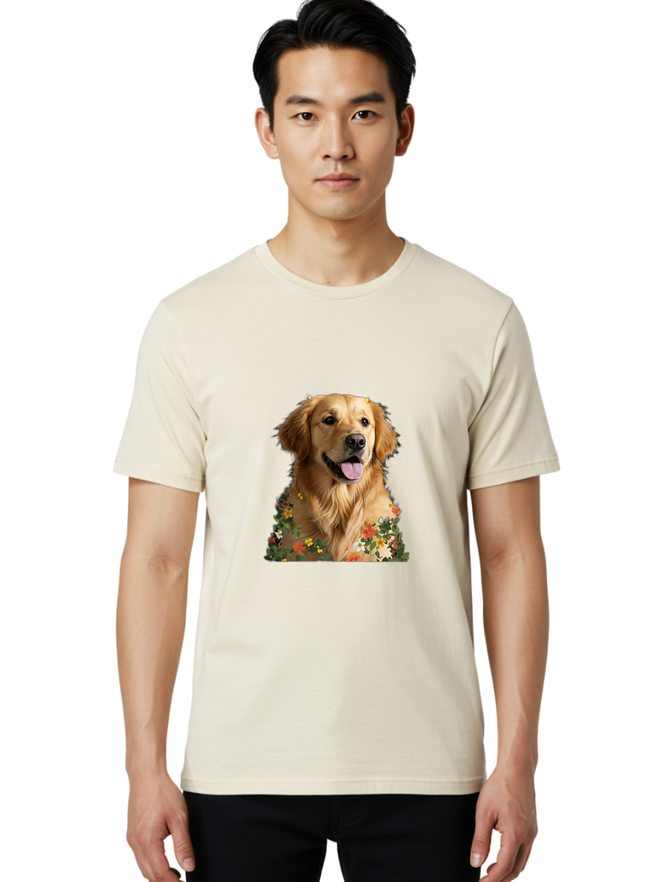 Golden-Retriever-With-Flowers-1 Men'S Graphic Tee, 100% Cotton, Comfortable Casual Summer Wear, Machine Washable, Golden Retriever Dog, Floral Pattern, Vibrant Flowers, Colorful Blooms, Happy Dog, Friendly Pet, Floral Design, Golden Fur, Bac000