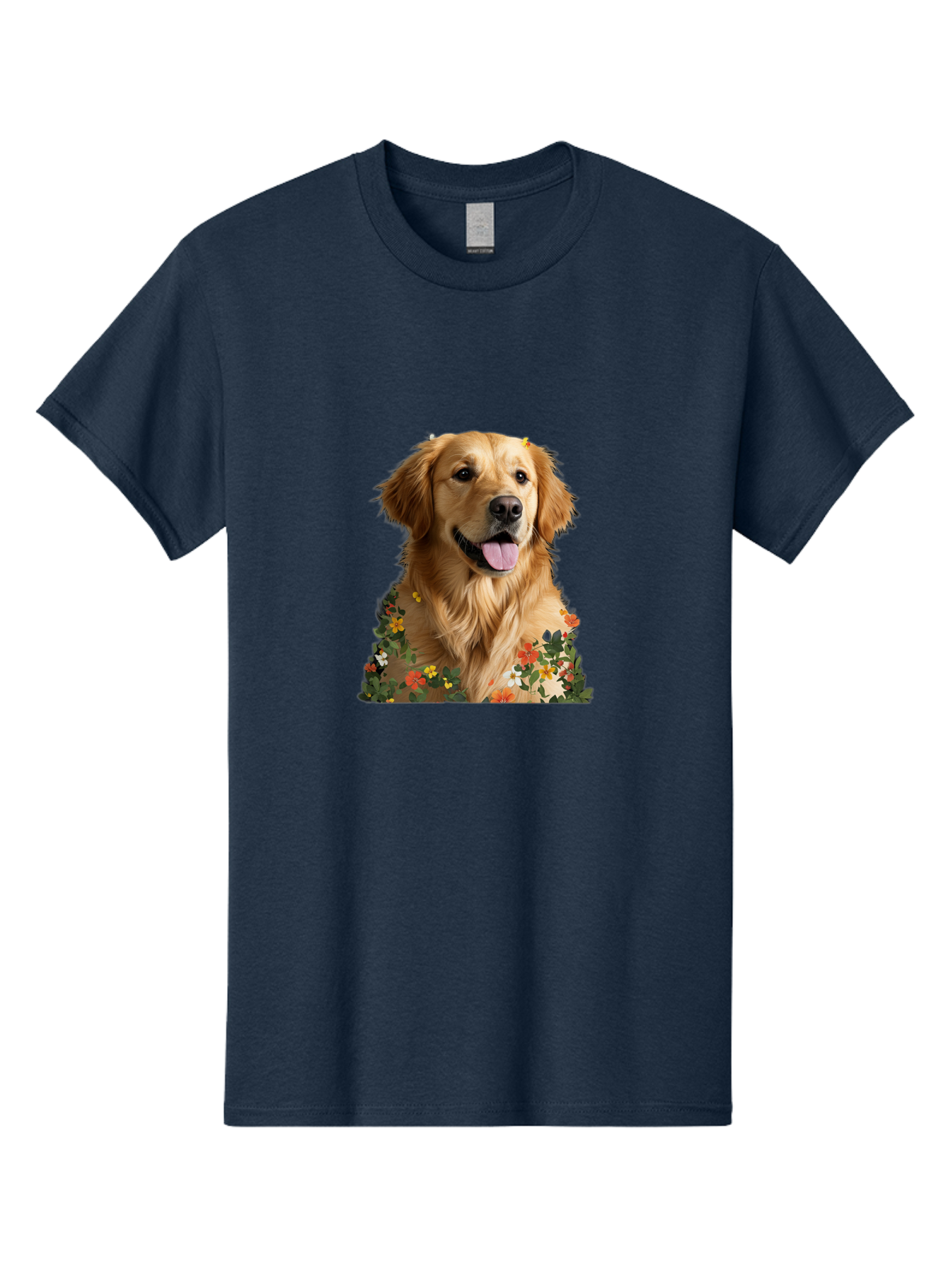 Golden-Retriever-With-Flowers-1 Men'S Graphic Tee, 100% Cotton, Comfortable Casual Summer Wear, Machine Washable, Golden Retriever Dog, Floral Pattern, Vibrant Flowers, Colorful Blooms, Happy Dog, Friendly Pet, Floral Design, Golden Fur, Bac000