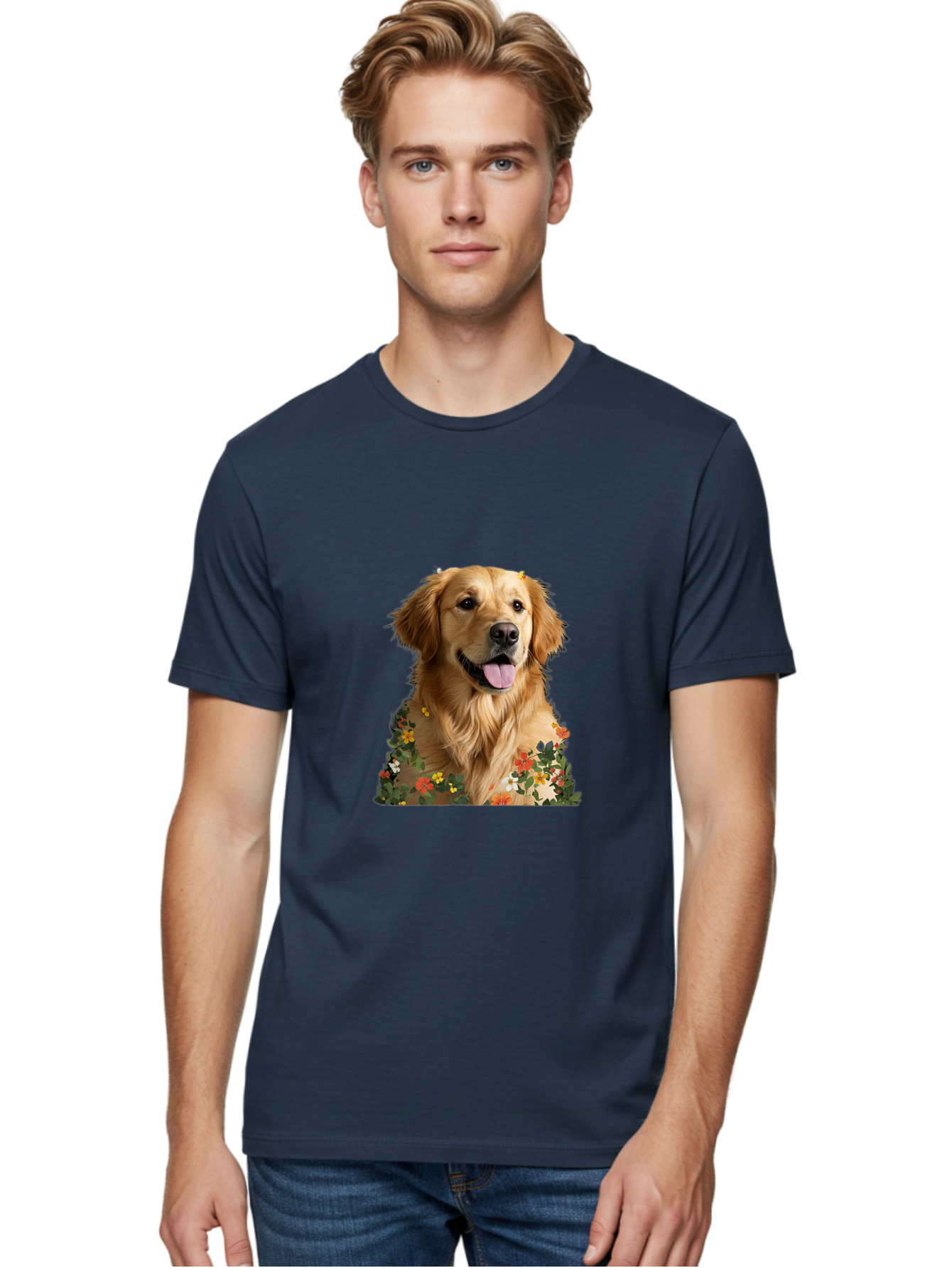 Golden-Retriever-With-Flowers-1 Men'S Graphic Tee, 100% Cotton, Comfortable Casual Summer Wear, Machine Washable, Golden Retriever Dog, Floral Pattern, Vibrant Flowers, Colorful Blooms, Happy Dog, Friendly Pet, Floral Design, Golden Fur, Bac000