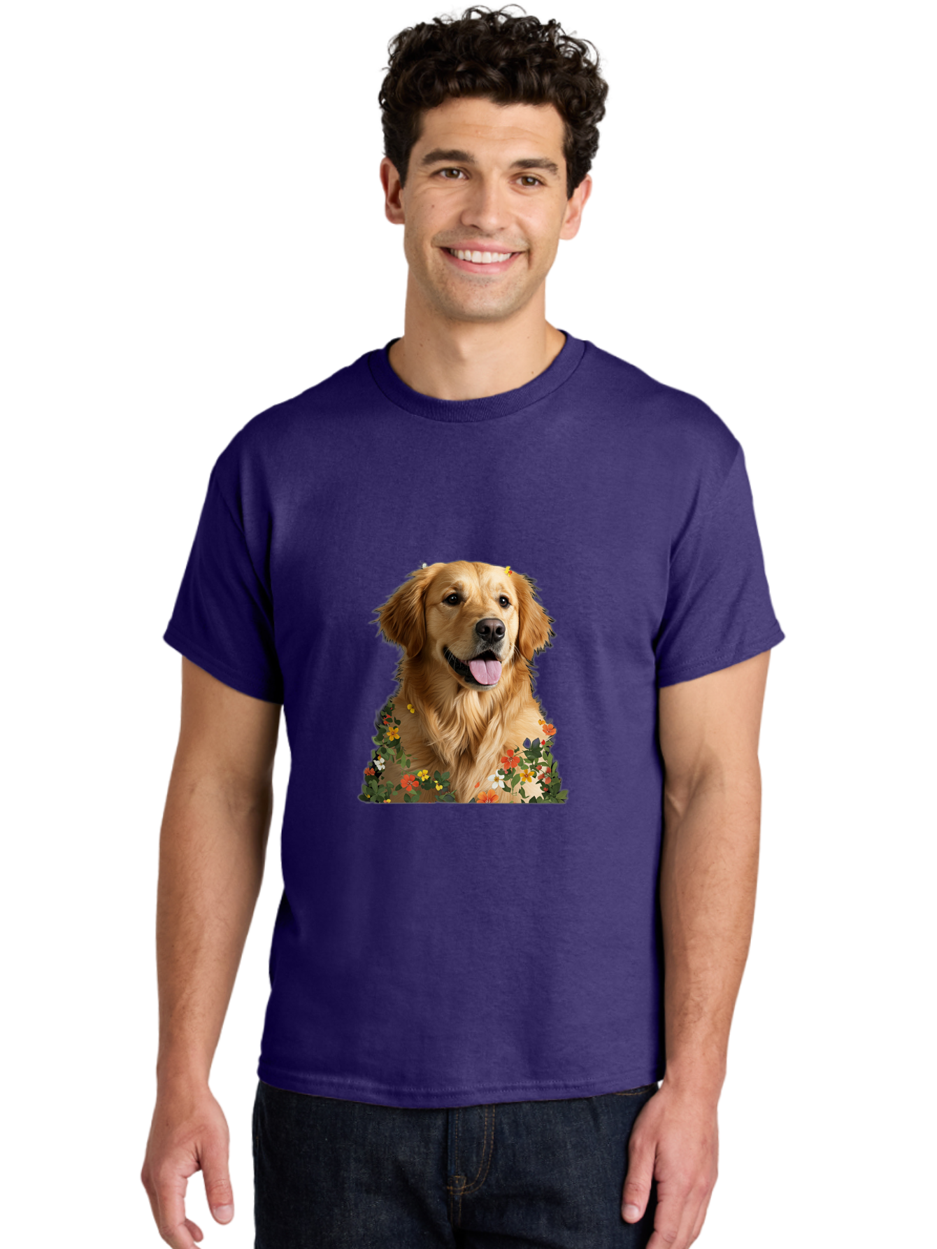 Golden-Retriever-With-Flowers-1 Men'S Graphic Tee, 100% Cotton, Comfortable Casual Summer Wear, Machine Washable, Golden Retriever Dog, Floral Pattern, Vibrant Flowers, Colorful Blooms, Happy Dog, Friendly Pet, Floral Design, Golden Fur, Bac000