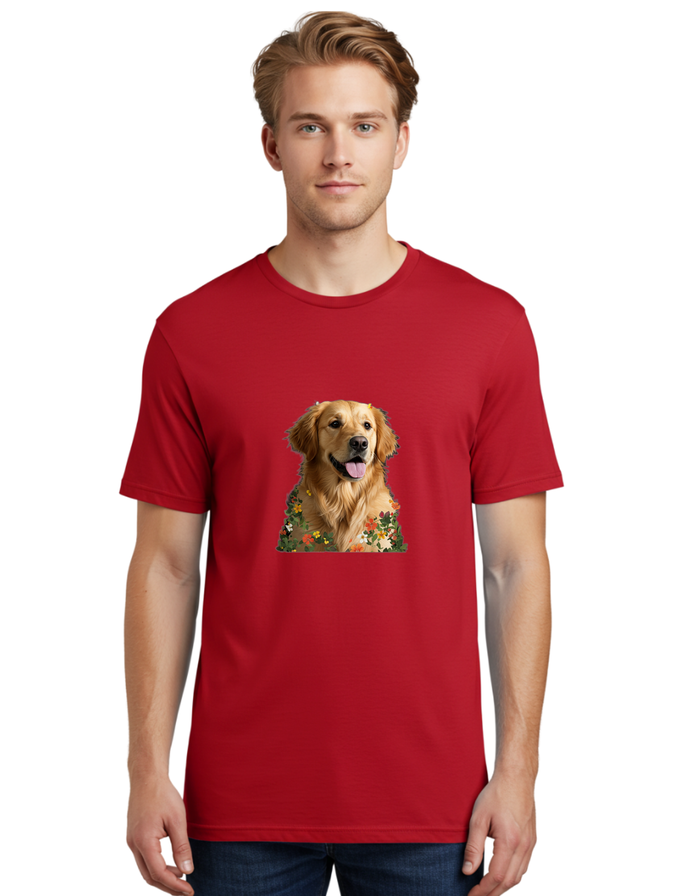 Golden-Retriever-With-Flowers-1 Men'S Graphic Tee, 100% Cotton, Comfortable Casual Summer Wear, Machine Washable, Golden Retriever Dog, Floral Pattern, Vibrant Flowers, Colorful Blooms, Happy Dog, Friendly Pet, Floral Design, Golden Fur, Bac000