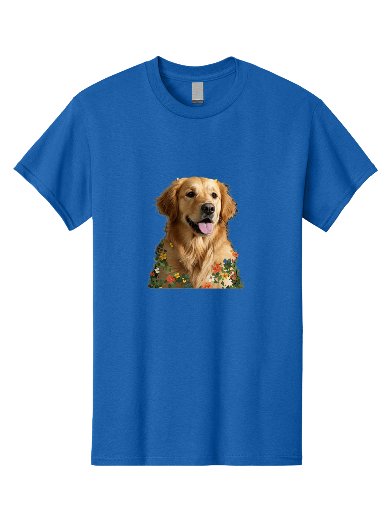 Golden-Retriever-With-Flowers-1 Men'S Graphic Tee, 100% Cotton, Comfortable Casual Summer Wear, Machine Washable, Golden Retriever Dog, Floral Pattern, Vibrant Flowers, Colorful Blooms, Happy Dog, Friendly Pet, Floral Design, Golden Fur, Bac000