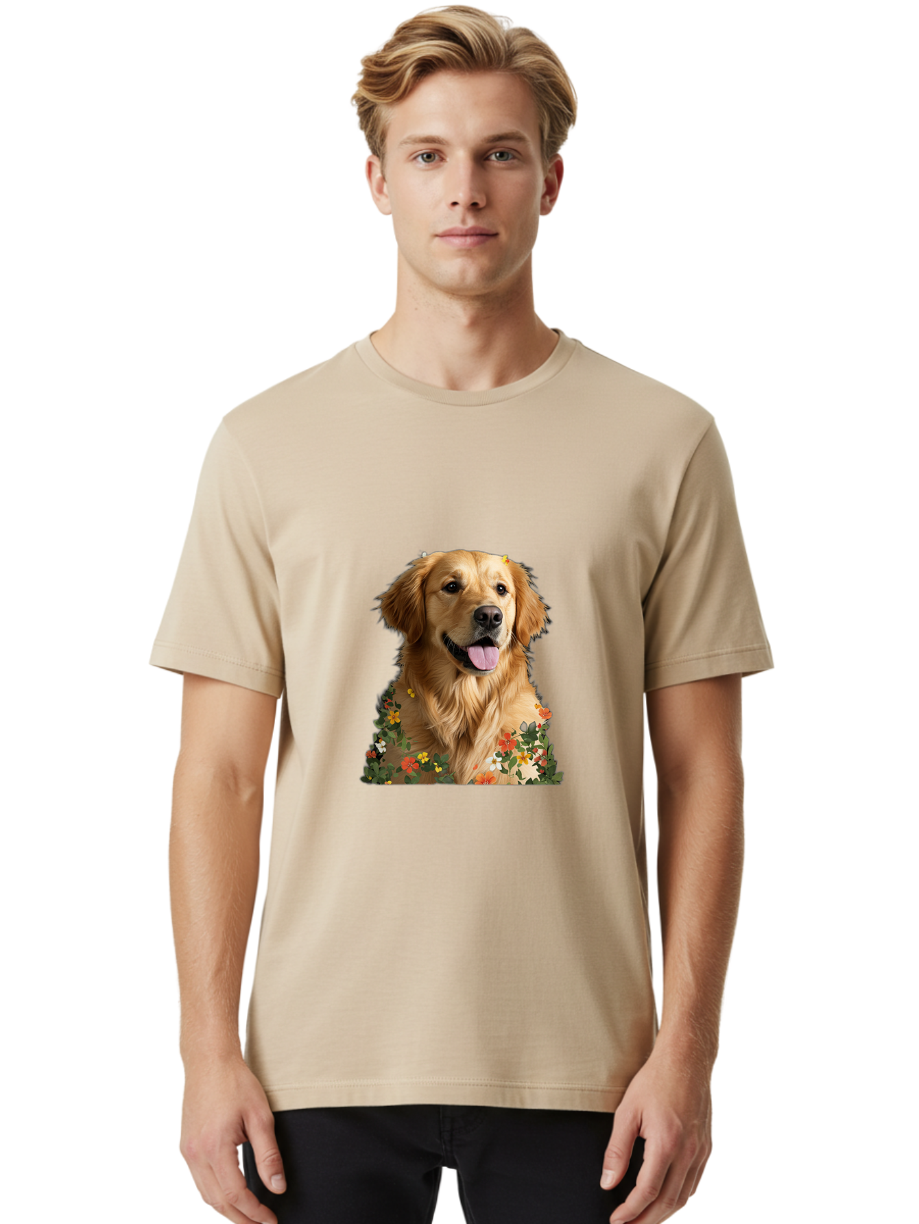 Golden-Retriever-With-Flowers-1 Men'S Graphic Tee, 100% Cotton, Comfortable Casual Summer Wear, Machine Washable, Golden Retriever Dog, Floral Pattern, Vibrant Flowers, Colorful Blooms, Happy Dog, Friendly Pet, Floral Design, Golden Fur, Bac000