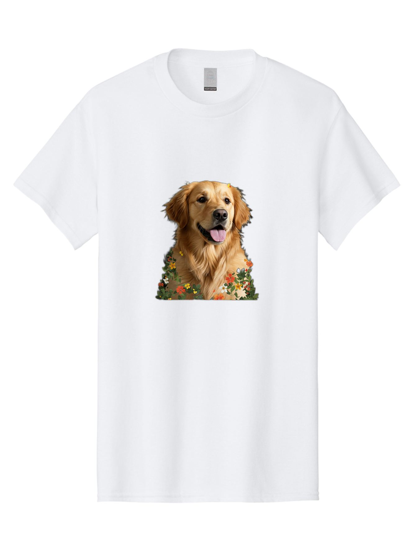 Golden-Retriever-With-Flowers-1 Men'S Graphic Tee, 100% Cotton, Comfortable Casual Summer Wear, Machine Washable, Golden Retriever Dog, Floral Pattern, Vibrant Flowers, Colorful Blooms, Happy Dog, Friendly Pet, Floral Design, Golden Fur, Bac000