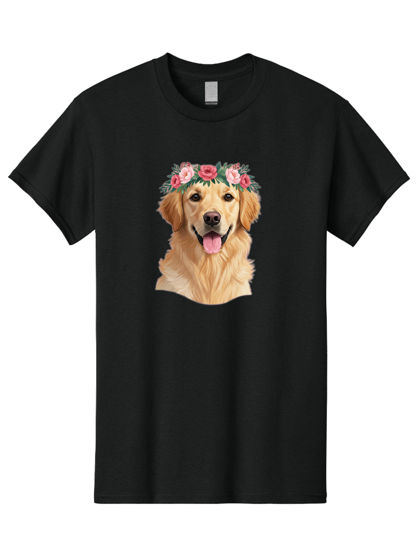 Golden-Retriever-With-Flowers Men'S Graphic Tee, 100% Cotton, Comfortable Casual Summer Wear, Machine Washable, Golden Retriever, Floral Crown, Pink Roses, Happy Dog, Dog Portrait, Flower Wreath, Dog Illustration, Joyful Expression, Bac001