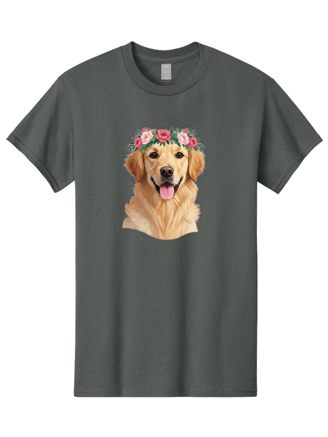 Golden-Retriever-With-Flowers Men'S Graphic Tee, 100% Cotton, Comfortable Casual Summer Wear, Machine Washable, Golden Retriever, Floral Crown, Pink Roses, Happy Dog, Dog Portrait, Flower Wreath, Dog Illustration, Joyful Expression, Bac001