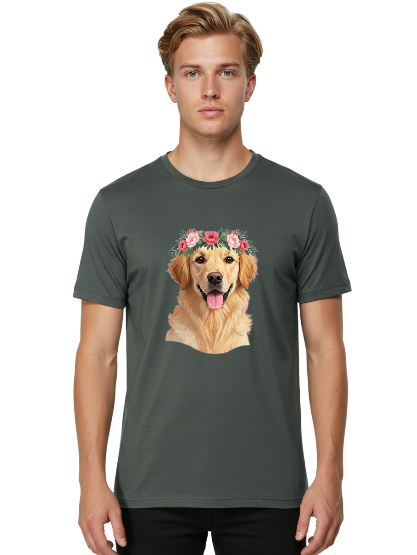 Golden-Retriever-With-Flowers Men'S Graphic Tee, 100% Cotton, Comfortable Casual Summer Wear, Machine Washable, Golden Retriever, Floral Crown, Pink Roses, Happy Dog, Dog Portrait, Flower Wreath, Dog Illustration, Joyful Expression, Bac001
