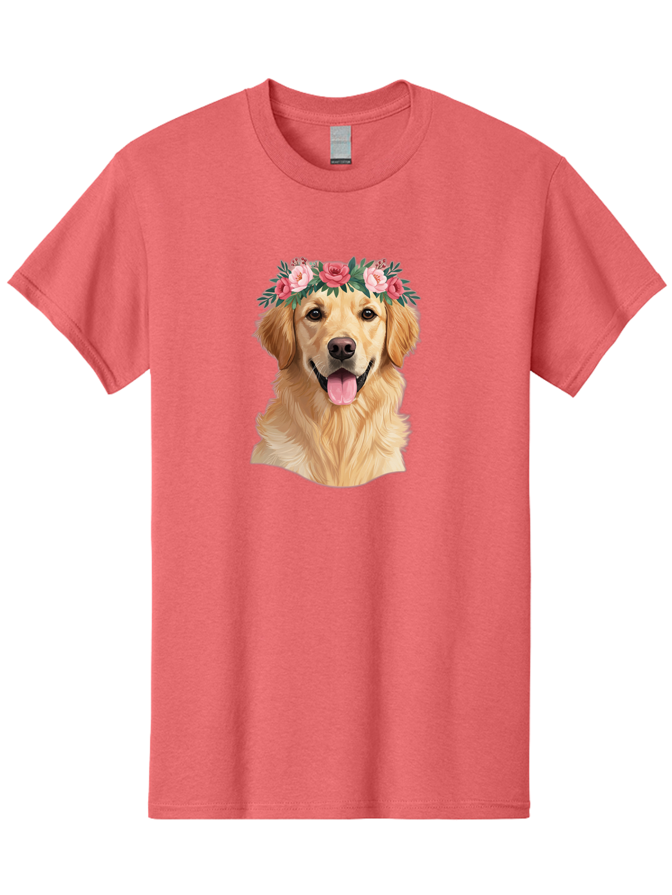 Golden-Retriever-With-Flowers Men'S Graphic Tee, 100% Cotton, Comfortable Casual Summer Wear, Machine Washable, Golden Retriever, Floral Crown, Pink Roses, Happy Dog, Dog Portrait, Flower Wreath, Dog Illustration, Joyful Expression, Bac001
