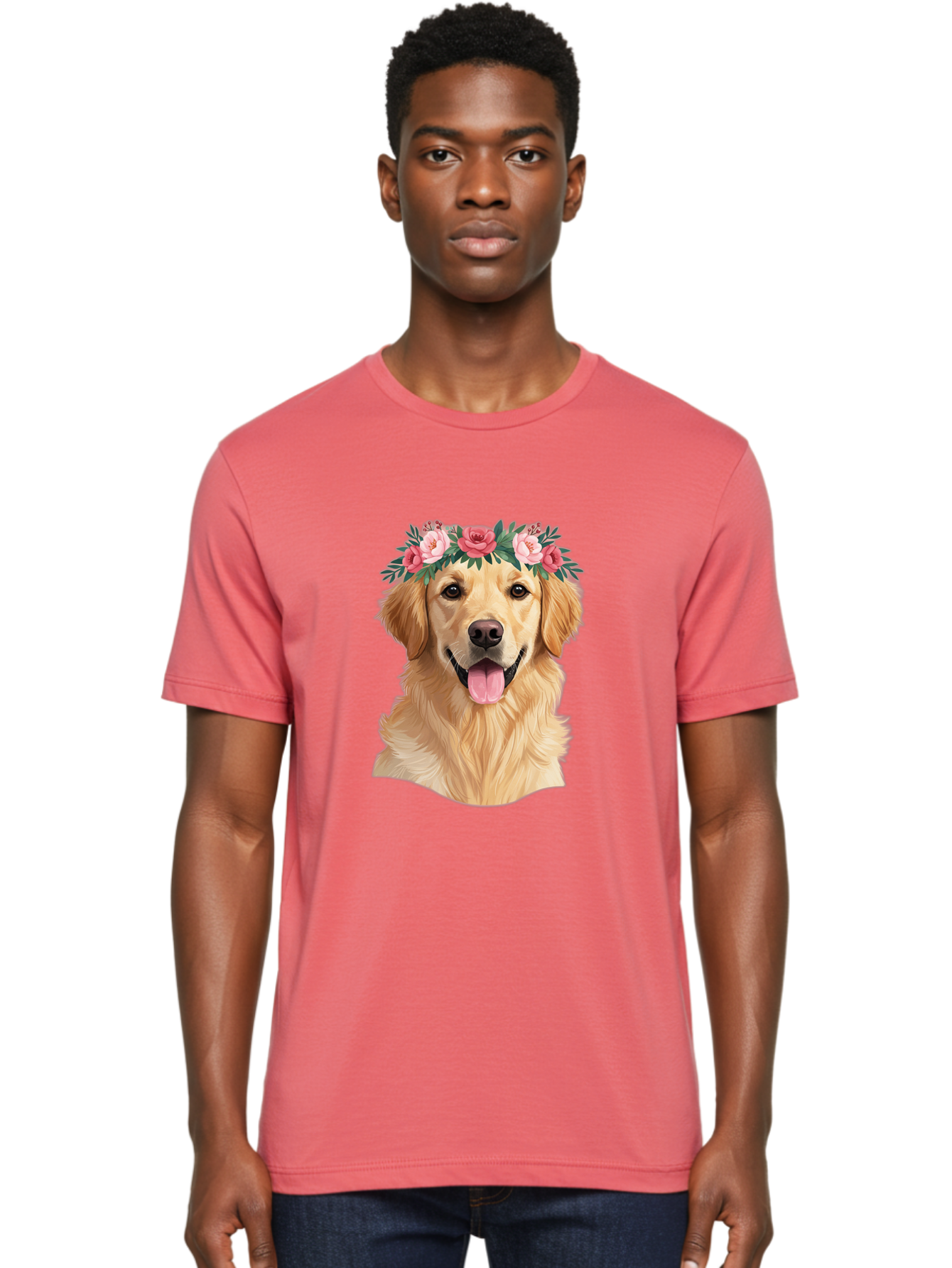 Golden-Retriever-With-Flowers Men'S Graphic Tee, 100% Cotton, Comfortable Casual Summer Wear, Machine Washable, Golden Retriever, Floral Crown, Pink Roses, Happy Dog, Dog Portrait, Flower Wreath, Dog Illustration, Joyful Expression, Bac001