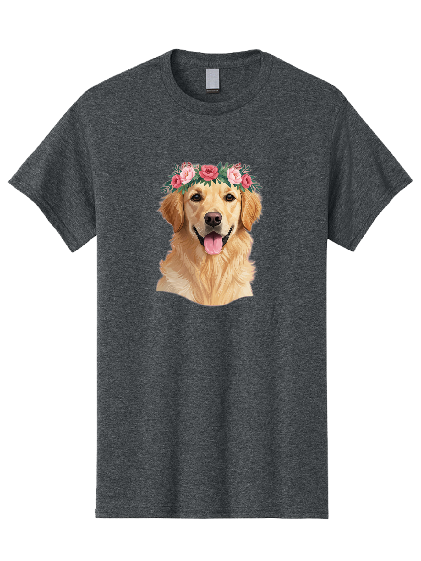 Golden-Retriever-With-Flowers Men'S Graphic Tee, 100% Cotton, Comfortable Casual Summer Wear, Machine Washable, Golden Retriever, Floral Crown, Pink Roses, Happy Dog, Dog Portrait, Flower Wreath, Dog Illustration, Joyful Expression, Bac001