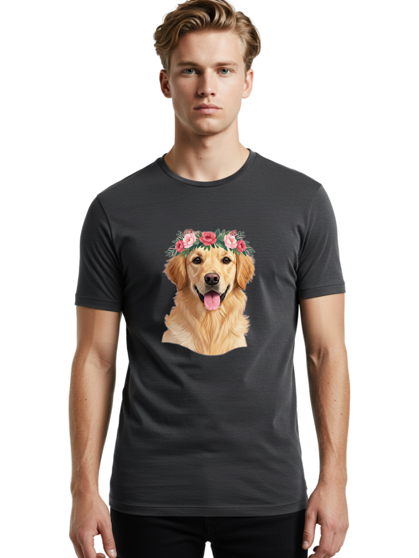 Golden-Retriever-With-Flowers Men'S Graphic Tee, 100% Cotton, Comfortable Casual Summer Wear, Machine Washable, Golden Retriever, Floral Crown, Pink Roses, Happy Dog, Dog Portrait, Flower Wreath, Dog Illustration, Joyful Expression, Bac001