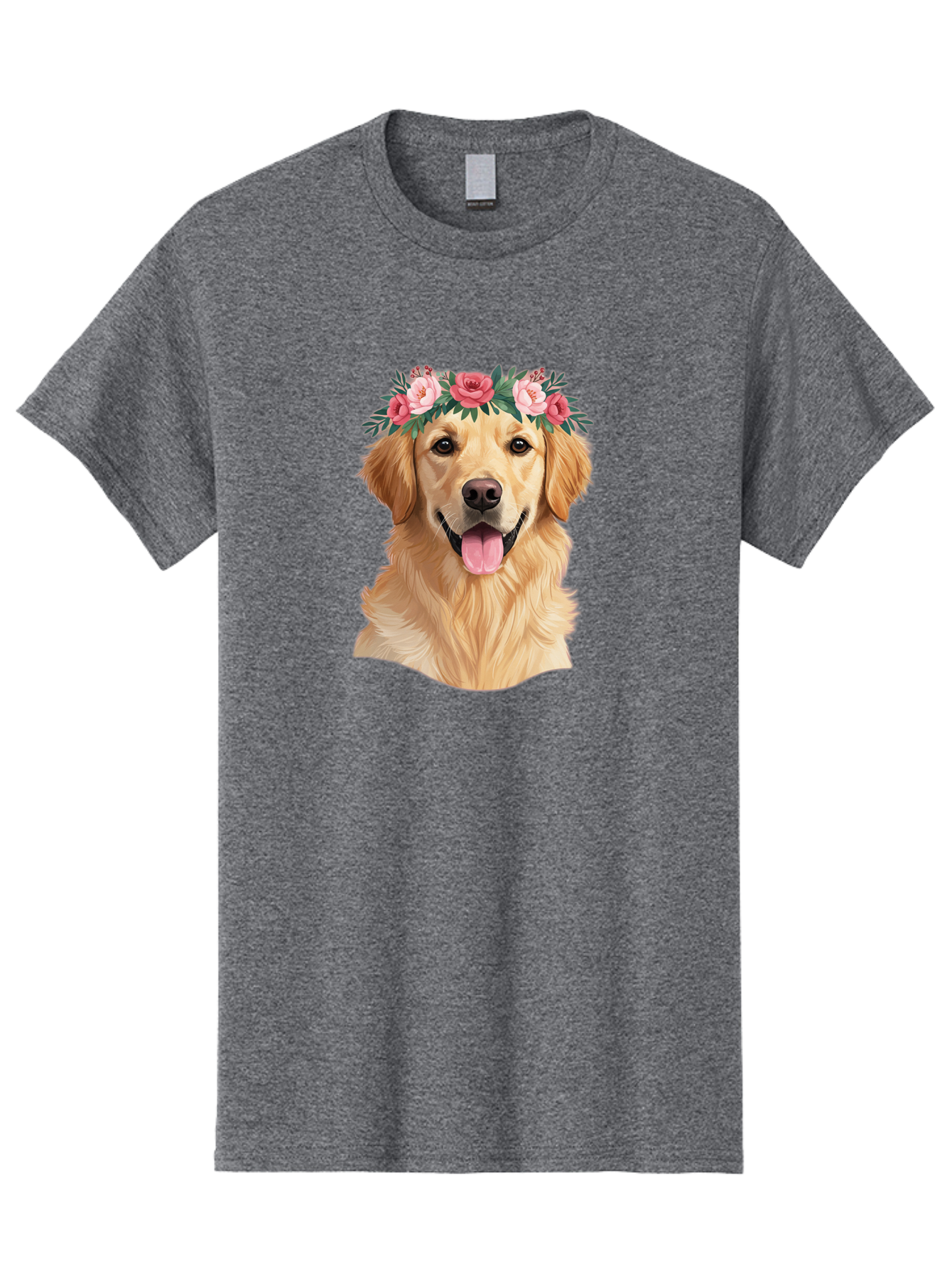 Golden-Retriever-With-Flowers Men'S Graphic Tee, 100% Cotton, Comfortable Casual Summer Wear, Machine Washable, Golden Retriever, Floral Crown, Pink Roses, Happy Dog, Dog Portrait, Flower Wreath, Dog Illustration, Joyful Expression, Bac001