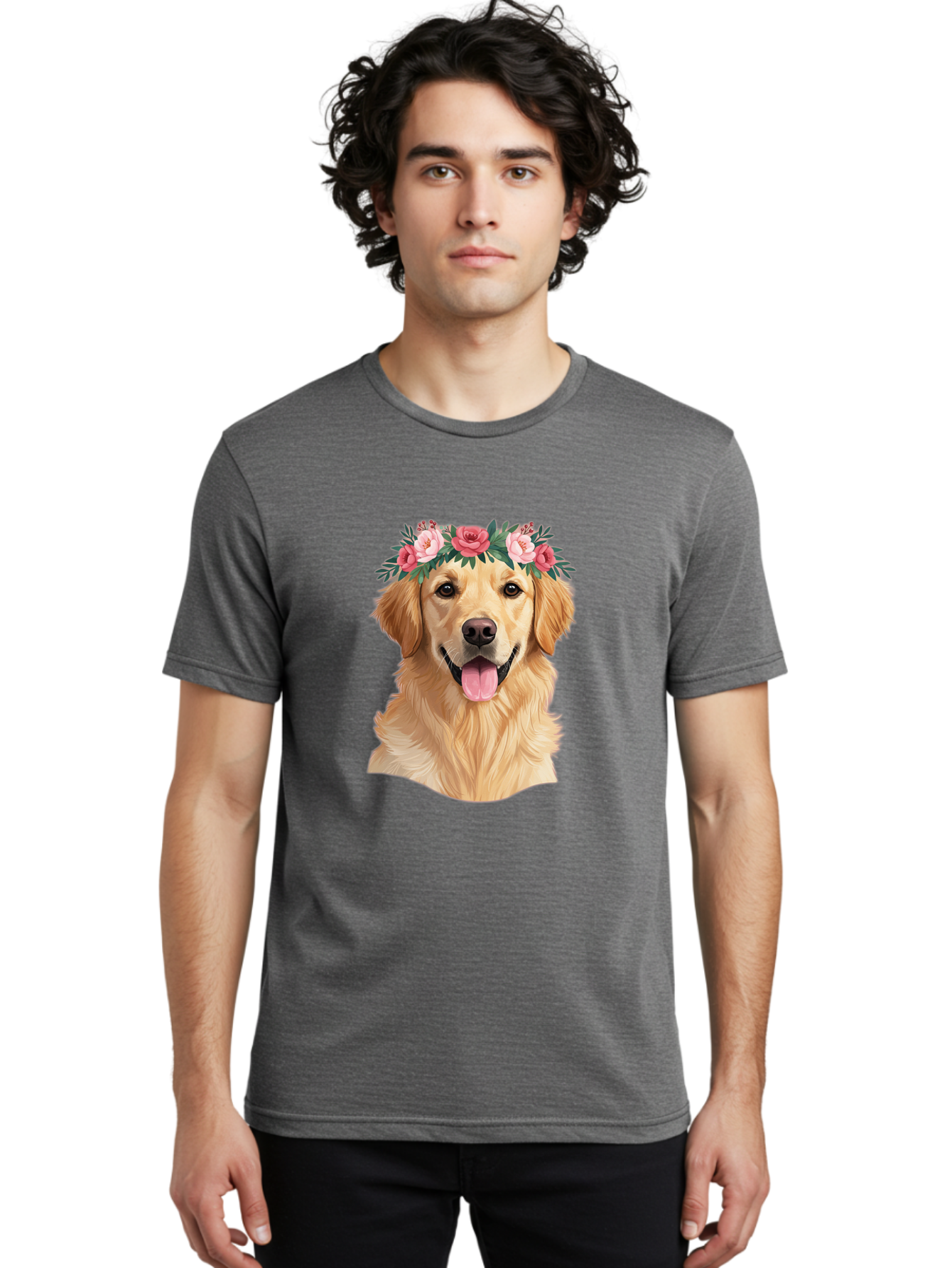 Golden-Retriever-With-Flowers Men'S Graphic Tee, 100% Cotton, Comfortable Casual Summer Wear, Machine Washable, Golden Retriever, Floral Crown, Pink Roses, Happy Dog, Dog Portrait, Flower Wreath, Dog Illustration, Joyful Expression, Bac001