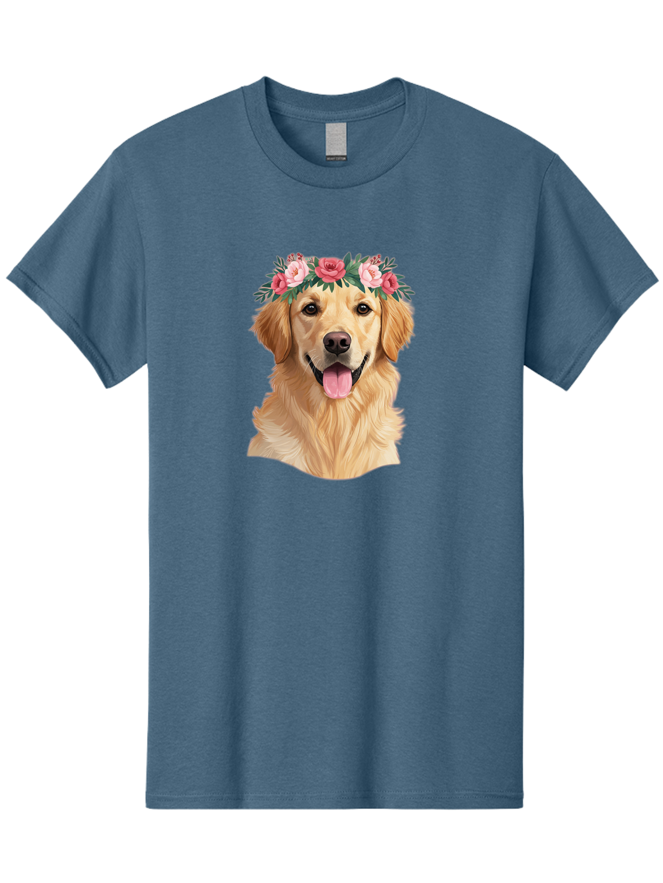 Golden-Retriever-With-Flowers Men'S Graphic Tee, 100% Cotton, Comfortable Casual Summer Wear, Machine Washable, Golden Retriever, Floral Crown, Pink Roses, Happy Dog, Dog Portrait, Flower Wreath, Dog Illustration, Joyful Expression, Bac001