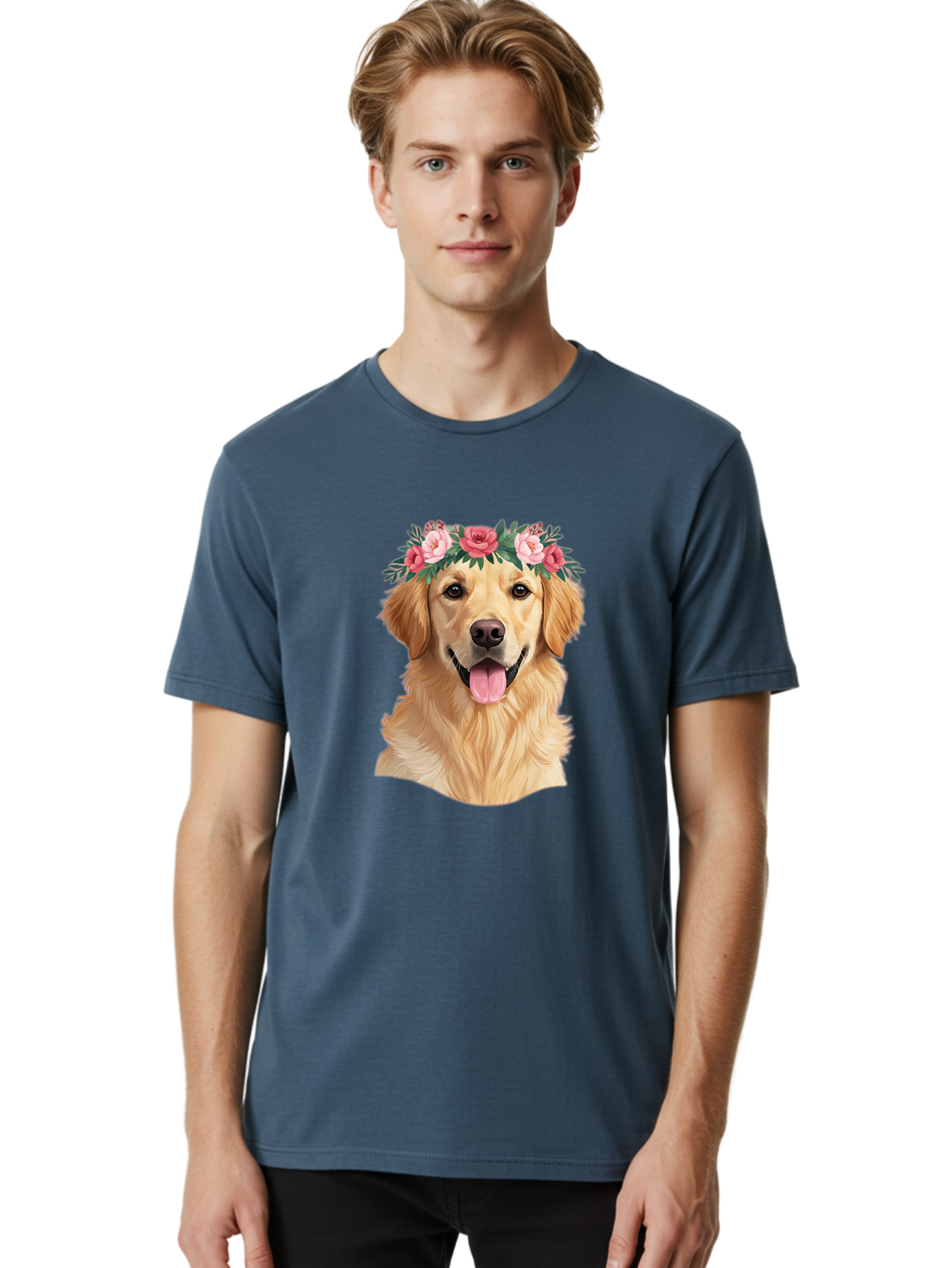 Golden-Retriever-With-Flowers Men'S Graphic Tee, 100% Cotton, Comfortable Casual Summer Wear, Machine Washable, Golden Retriever, Floral Crown, Pink Roses, Happy Dog, Dog Portrait, Flower Wreath, Dog Illustration, Joyful Expression, Bac001