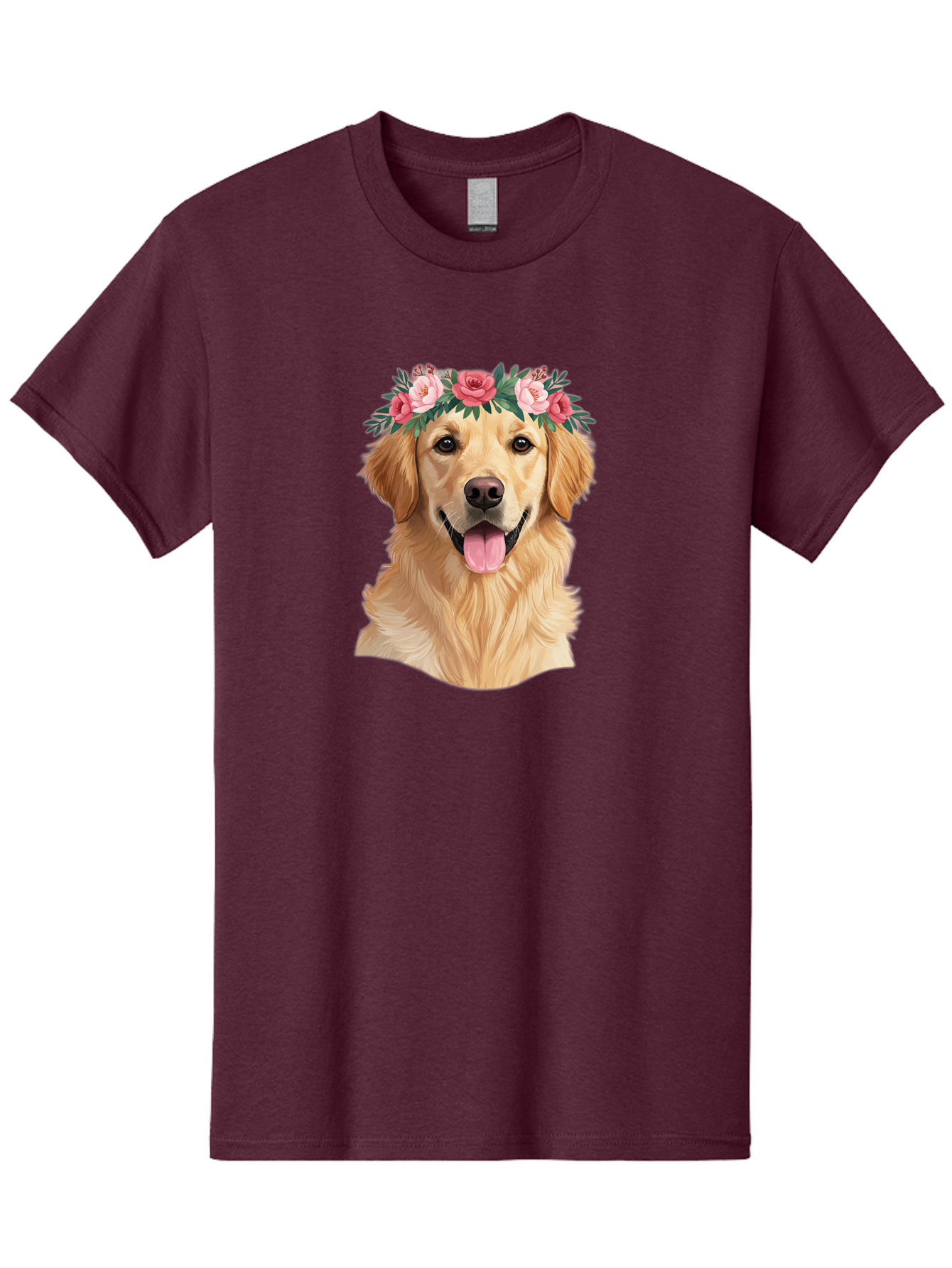 Golden-Retriever-With-Flowers Men'S Graphic Tee, 100% Cotton, Comfortable Casual Summer Wear, Machine Washable, Golden Retriever, Floral Crown, Pink Roses, Happy Dog, Dog Portrait, Flower Wreath, Dog Illustration, Joyful Expression, Bac001