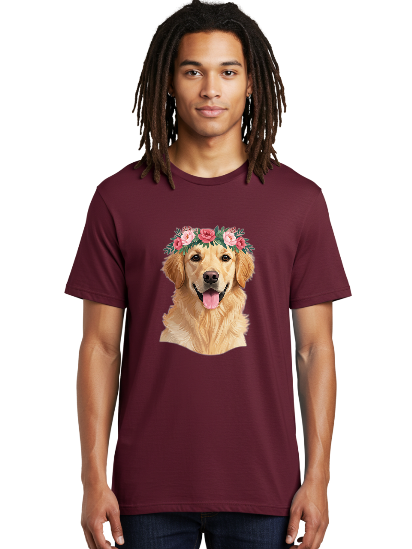 Golden-Retriever-With-Flowers Men'S Graphic Tee, 100% Cotton, Comfortable Casual Summer Wear, Machine Washable, Golden Retriever, Floral Crown, Pink Roses, Happy Dog, Dog Portrait, Flower Wreath, Dog Illustration, Joyful Expression, Bac001