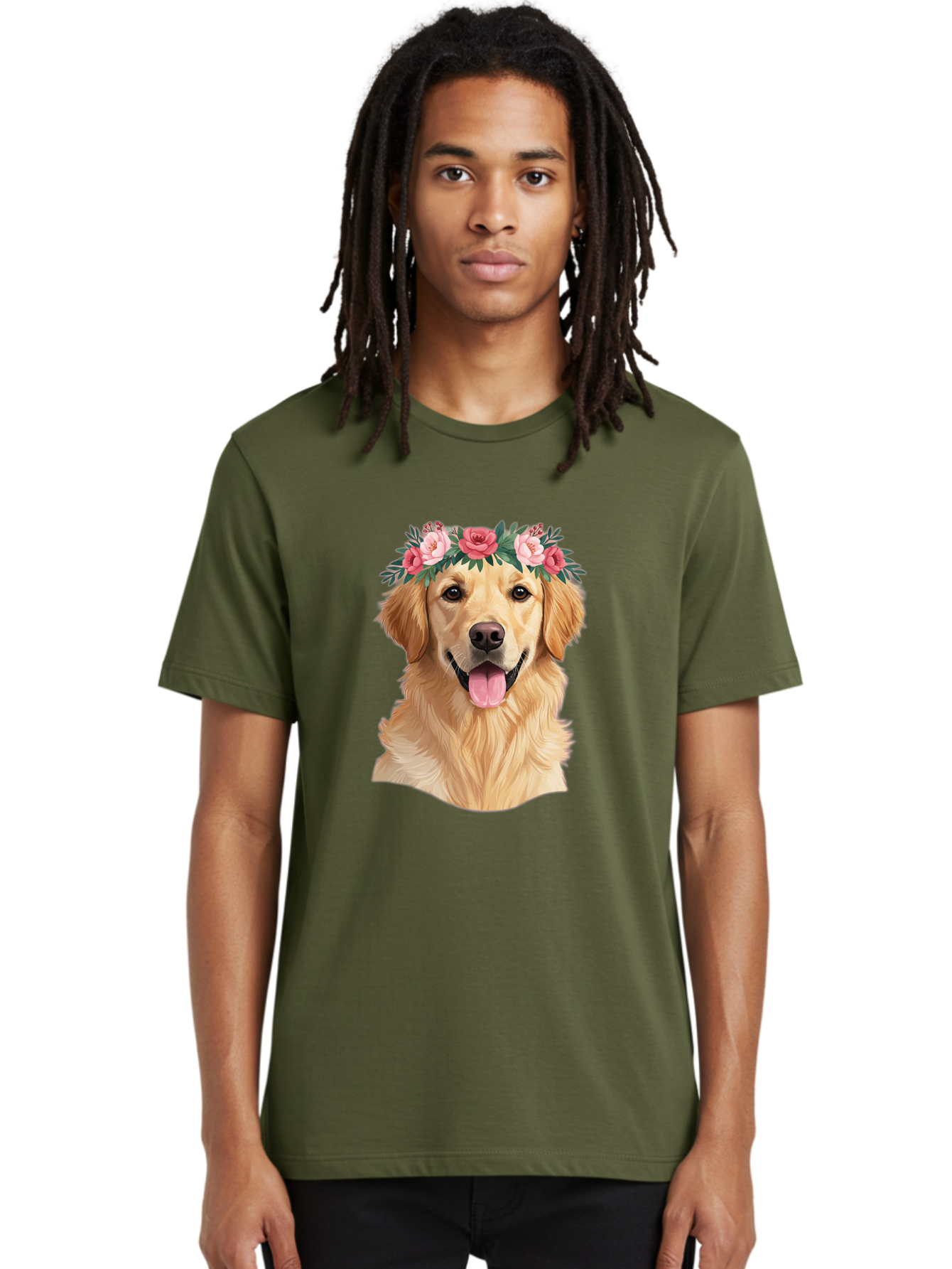 Golden-Retriever-With-Flowers Men'S Graphic Tee, 100% Cotton, Comfortable Casual Summer Wear, Machine Washable, Golden Retriever, Floral Crown, Pink Roses, Happy Dog, Dog Portrait, Flower Wreath, Dog Illustration, Joyful Expression, Bac001