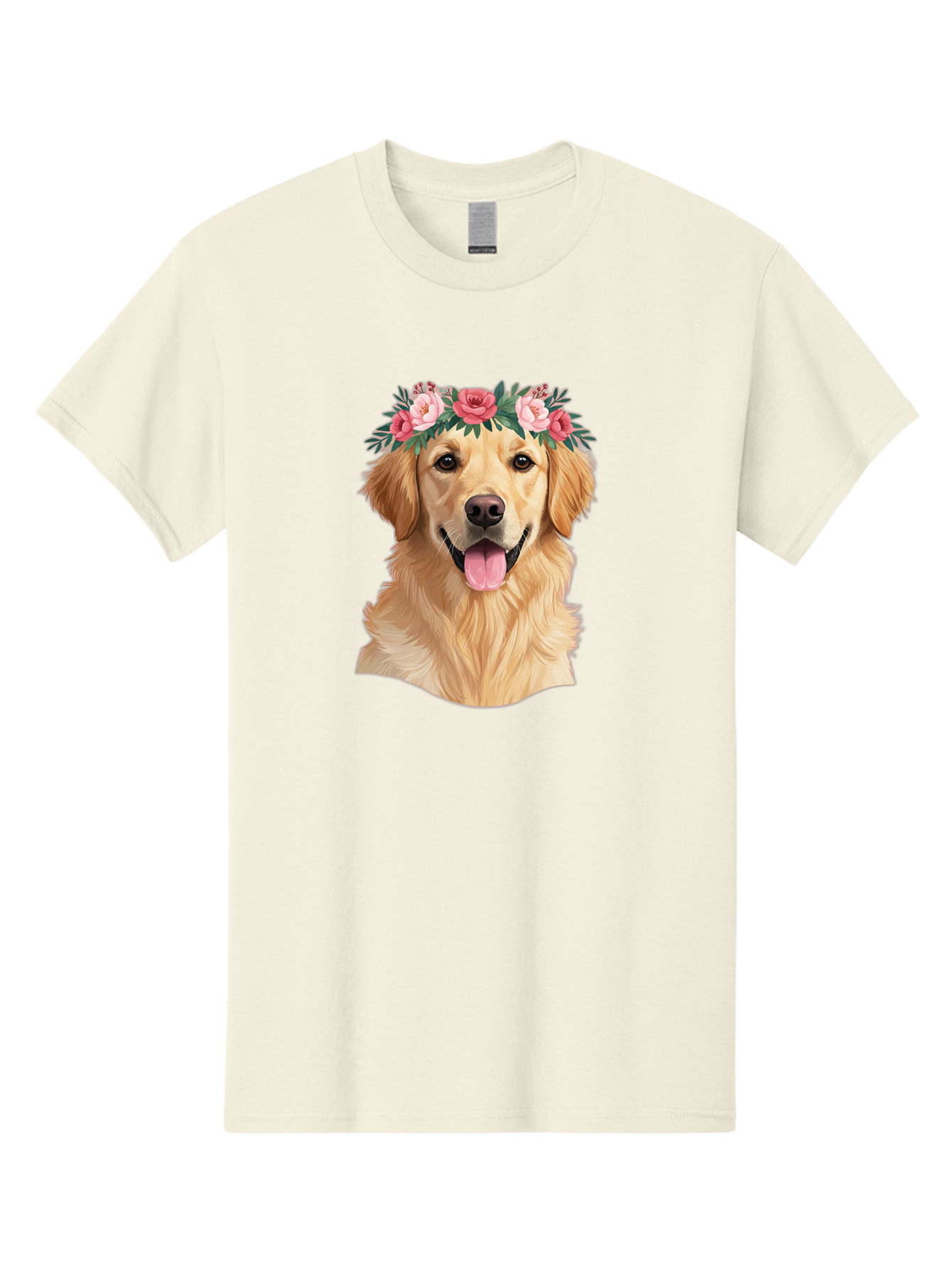 Golden-Retriever-With-Flowers Men'S Graphic Tee, 100% Cotton, Comfortable Casual Summer Wear, Machine Washable, Golden Retriever, Floral Crown, Pink Roses, Happy Dog, Dog Portrait, Flower Wreath, Dog Illustration, Joyful Expression, Bac001