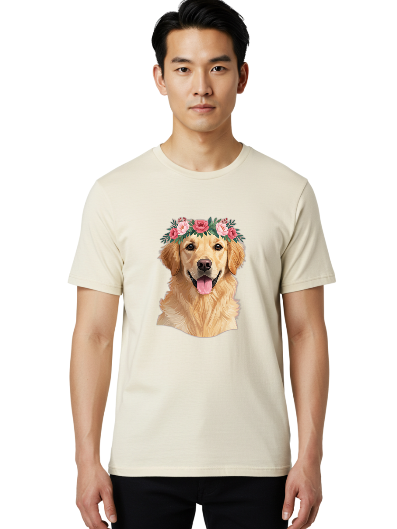 Golden-Retriever-With-Flowers Men'S Graphic Tee, 100% Cotton, Comfortable Casual Summer Wear, Machine Washable, Golden Retriever, Floral Crown, Pink Roses, Happy Dog, Dog Portrait, Flower Wreath, Dog Illustration, Joyful Expression, Bac001