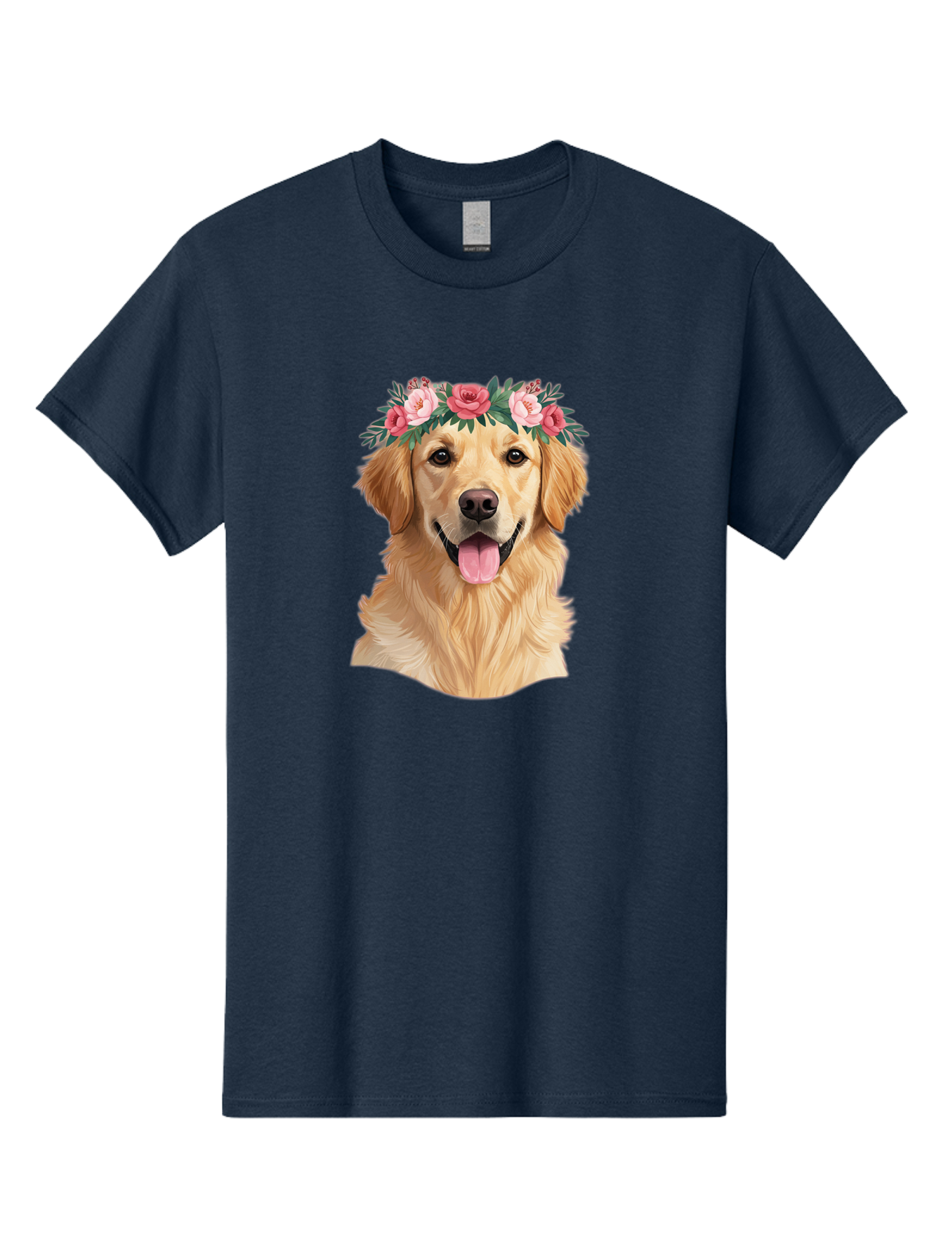 Golden-Retriever-With-Flowers Men'S Graphic Tee, 100% Cotton, Comfortable Casual Summer Wear, Machine Washable, Golden Retriever, Floral Crown, Pink Roses, Happy Dog, Dog Portrait, Flower Wreath, Dog Illustration, Joyful Expression, Bac001