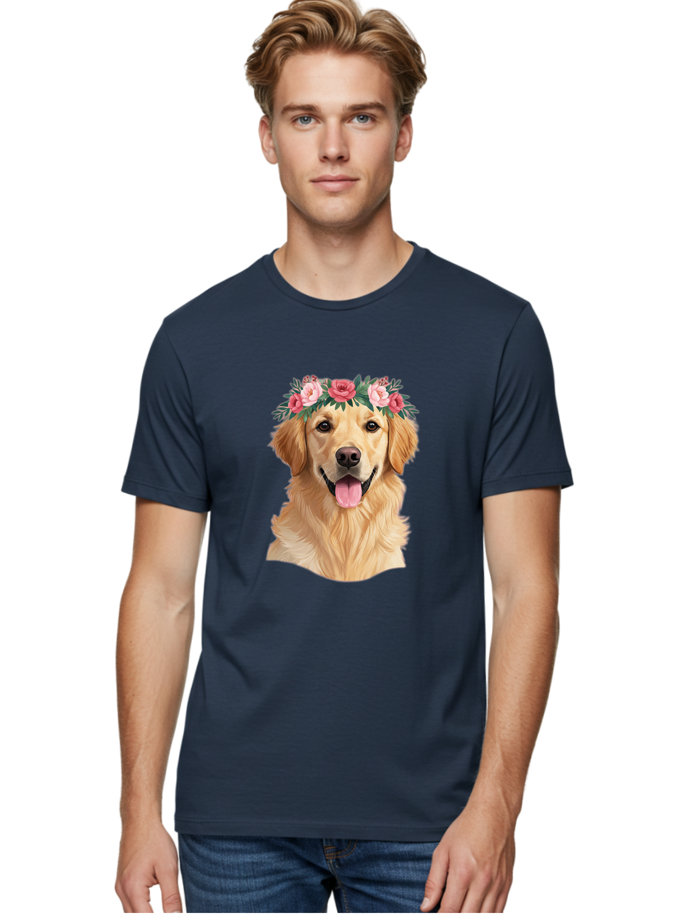 Golden-Retriever-With-Flowers Men'S Graphic Tee, 100% Cotton, Comfortable Casual Summer Wear, Machine Washable, Golden Retriever, Floral Crown, Pink Roses, Happy Dog, Dog Portrait, Flower Wreath, Dog Illustration, Joyful Expression, Bac001