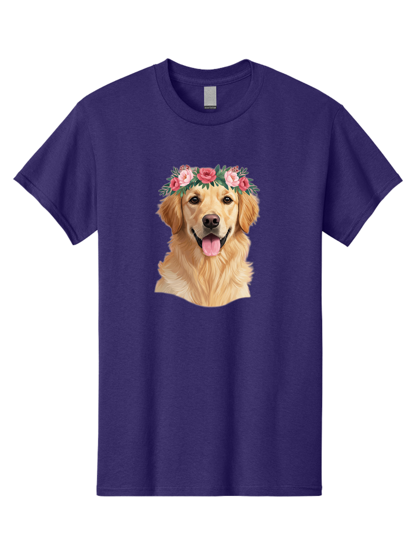 Golden-Retriever-With-Flowers Men'S Graphic Tee, 100% Cotton, Comfortable Casual Summer Wear, Machine Washable, Golden Retriever, Floral Crown, Pink Roses, Happy Dog, Dog Portrait, Flower Wreath, Dog Illustration, Joyful Expression, Bac001