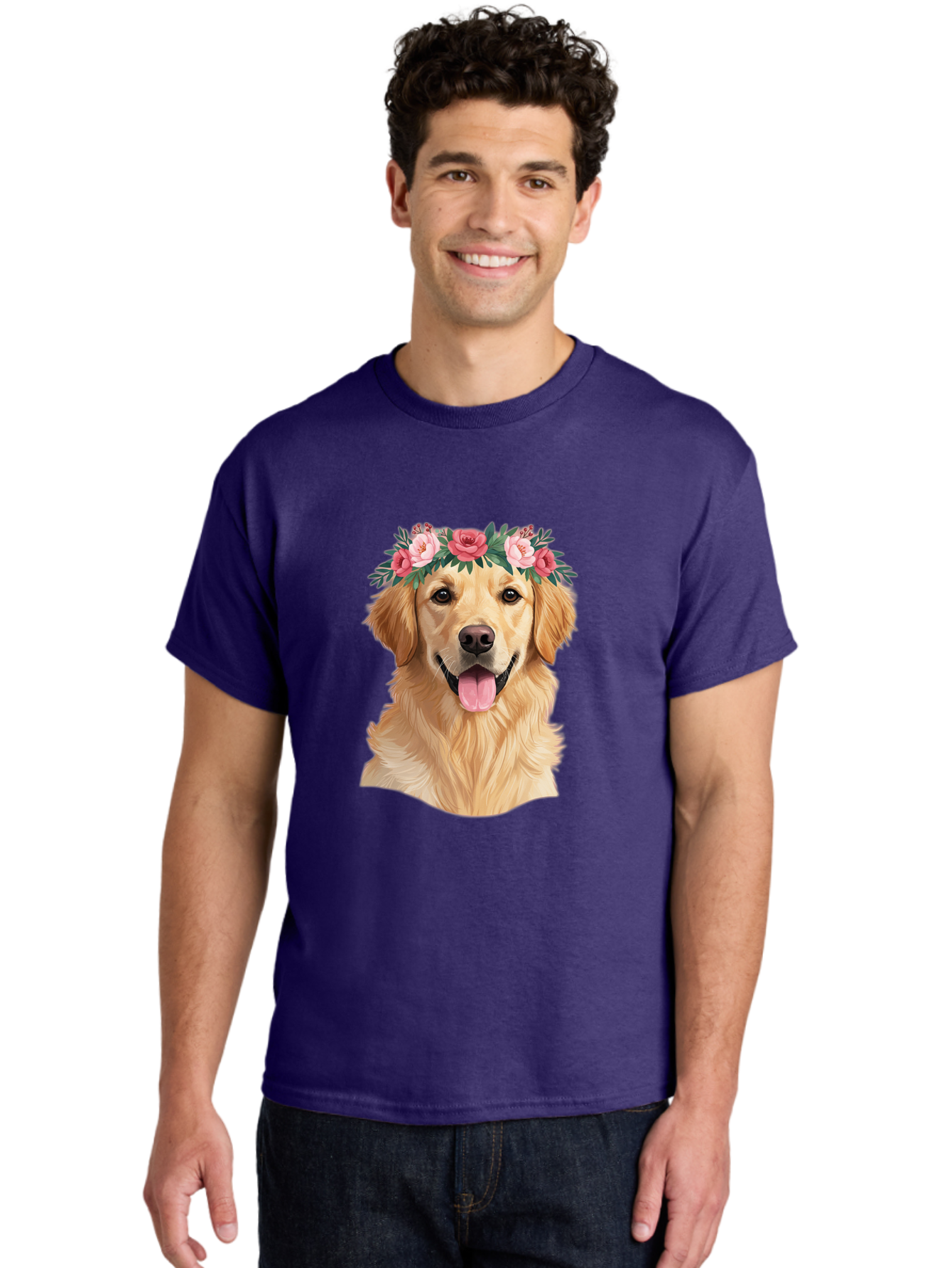 Golden-Retriever-With-Flowers Men'S Graphic Tee, 100% Cotton, Comfortable Casual Summer Wear, Machine Washable, Golden Retriever, Floral Crown, Pink Roses, Happy Dog, Dog Portrait, Flower Wreath, Dog Illustration, Joyful Expression, Bac001