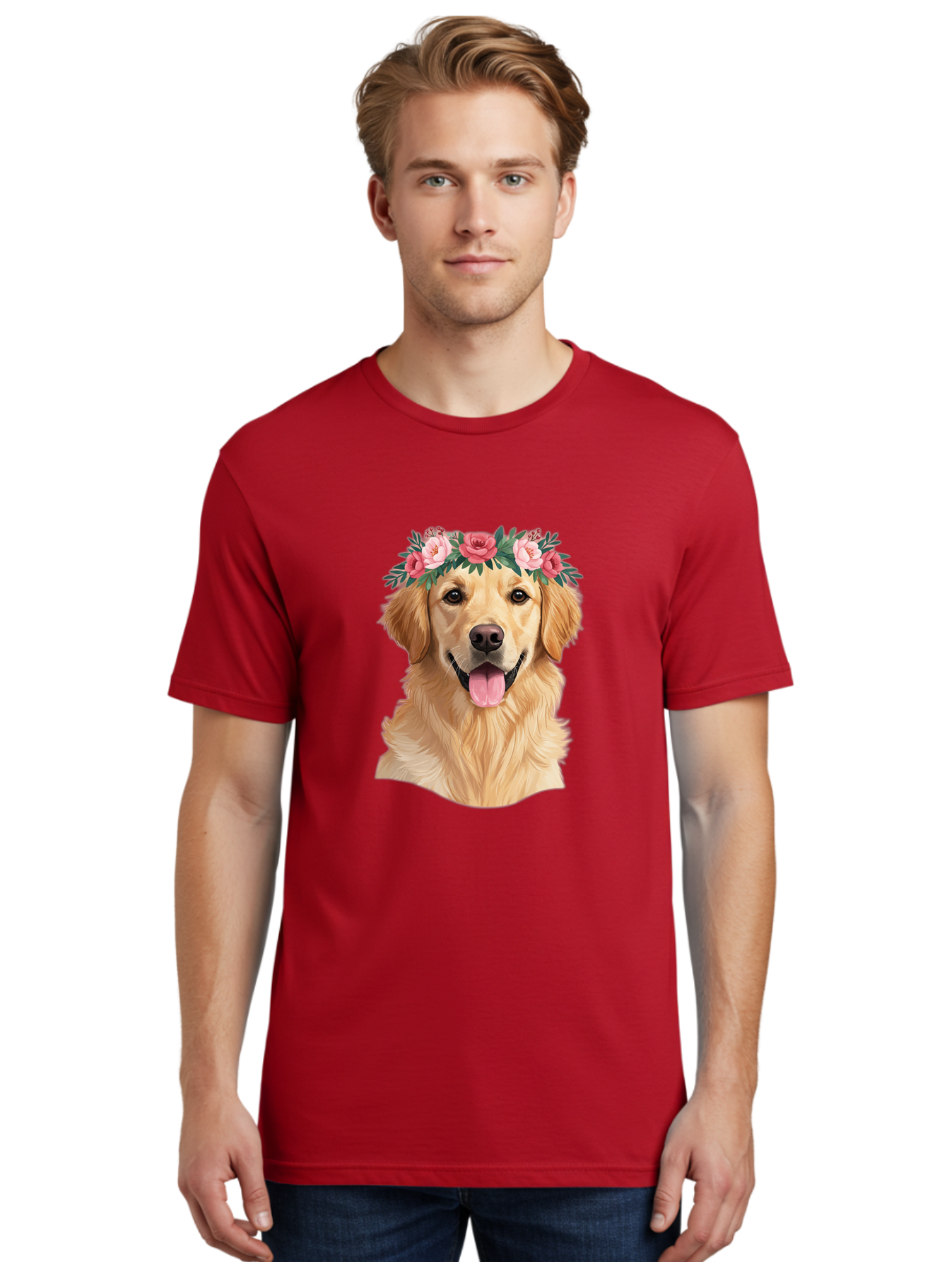 Golden-Retriever-With-Flowers Men'S Graphic Tee, 100% Cotton, Comfortable Casual Summer Wear, Machine Washable, Golden Retriever, Floral Crown, Pink Roses, Happy Dog, Dog Portrait, Flower Wreath, Dog Illustration, Joyful Expression, Bac001