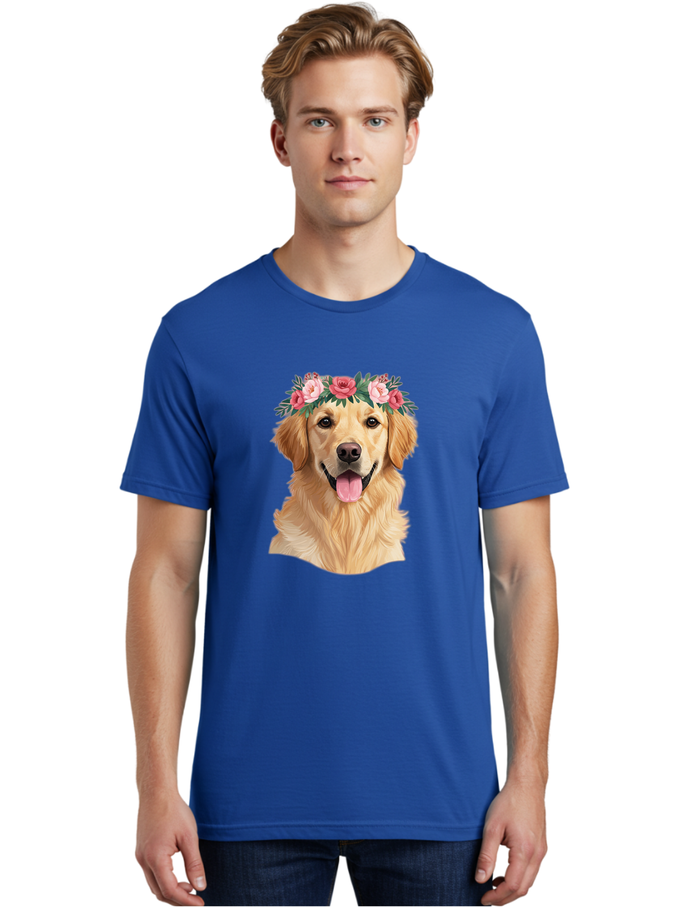 Golden-Retriever-With-Flowers Men'S Graphic Tee, 100% Cotton, Comfortable Casual Summer Wear, Machine Washable, Golden Retriever, Floral Crown, Pink Roses, Happy Dog, Dog Portrait, Flower Wreath, Dog Illustration, Joyful Expression, Bac001