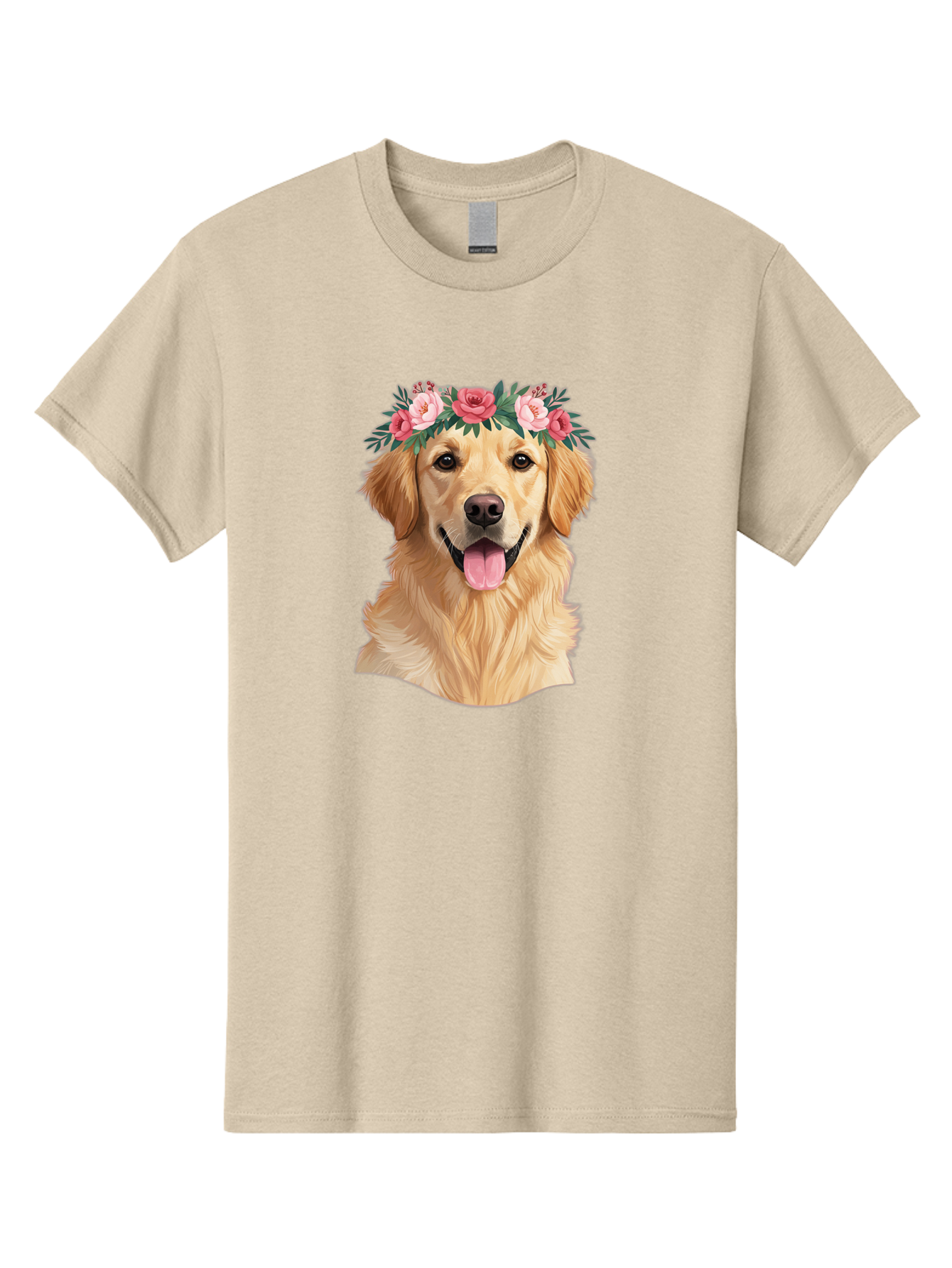 Golden-Retriever-With-Flowers Men'S Graphic Tee, 100% Cotton, Comfortable Casual Summer Wear, Machine Washable, Golden Retriever, Floral Crown, Pink Roses, Happy Dog, Dog Portrait, Flower Wreath, Dog Illustration, Joyful Expression, Bac001