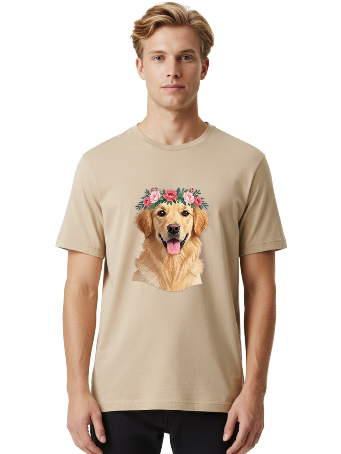 Golden-Retriever-With-Flowers Men'S Graphic Tee, 100% Cotton, Comfortable Casual Summer Wear, Machine Washable, Golden Retriever, Floral Crown, Pink Roses, Happy Dog, Dog Portrait, Flower Wreath, Dog Illustration, Joyful Expression, Bac001