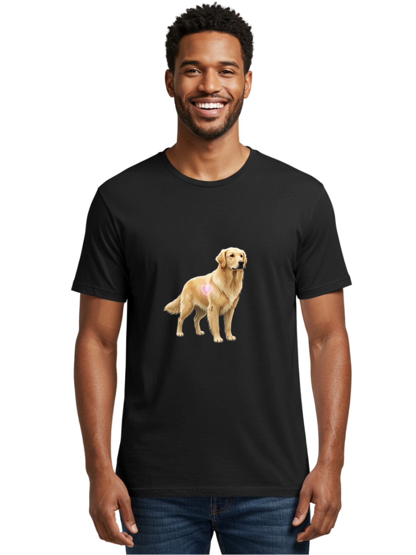 Golden-Retriever-With-Heart-1 Men'S Graphic Tee, 100% Cotton, Comfortable Casual Summer Wear, Machine Washable, Golden Retriever Dog, Heart On Dog, Cute Canine, Lovely Pet, Dog Love, Heart Symbol, Pet Friendly, Dog Graphic Bac002