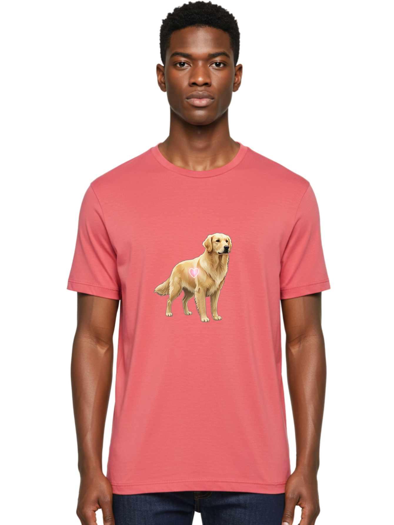 Golden-Retriever-With-Heart-1 Men'S Graphic Tee, 100% Cotton, Comfortable Casual Summer Wear, Machine Washable, Golden Retriever Dog, Heart On Dog, Cute Canine, Lovely Pet, Dog Love, Heart Symbol, Pet Friendly, Dog Graphic Bac002