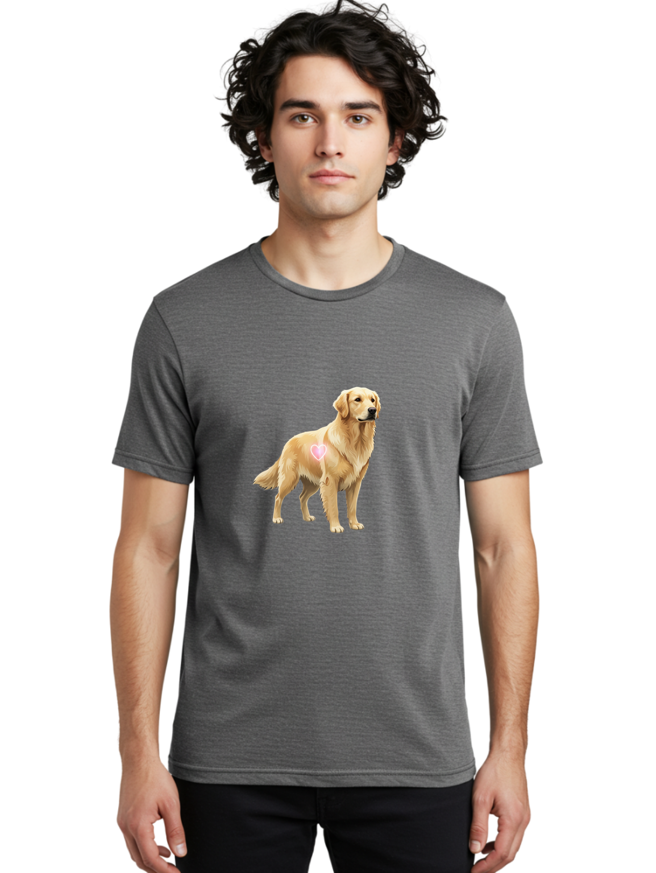 Golden-Retriever-With-Heart-1 Men'S Graphic Tee, 100% Cotton, Comfortable Casual Summer Wear, Machine Washable, Golden Retriever Dog, Heart On Dog, Cute Canine, Lovely Pet, Dog Love, Heart Symbol, Pet Friendly, Dog Graphic Bac002