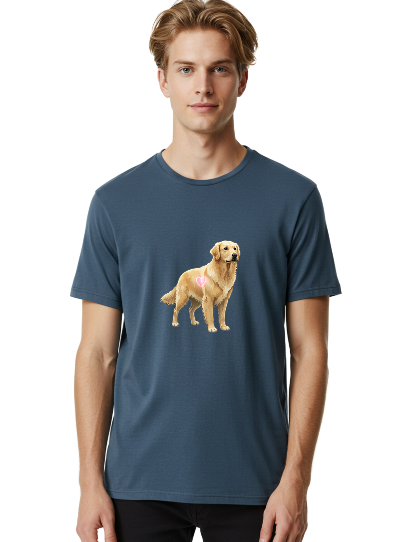 Golden-Retriever-With-Heart-1 Men'S Graphic Tee, 100% Cotton, Comfortable Casual Summer Wear, Machine Washable, Golden Retriever Dog, Heart On Dog, Cute Canine, Lovely Pet, Dog Love, Heart Symbol, Pet Friendly, Dog Graphic Bac002