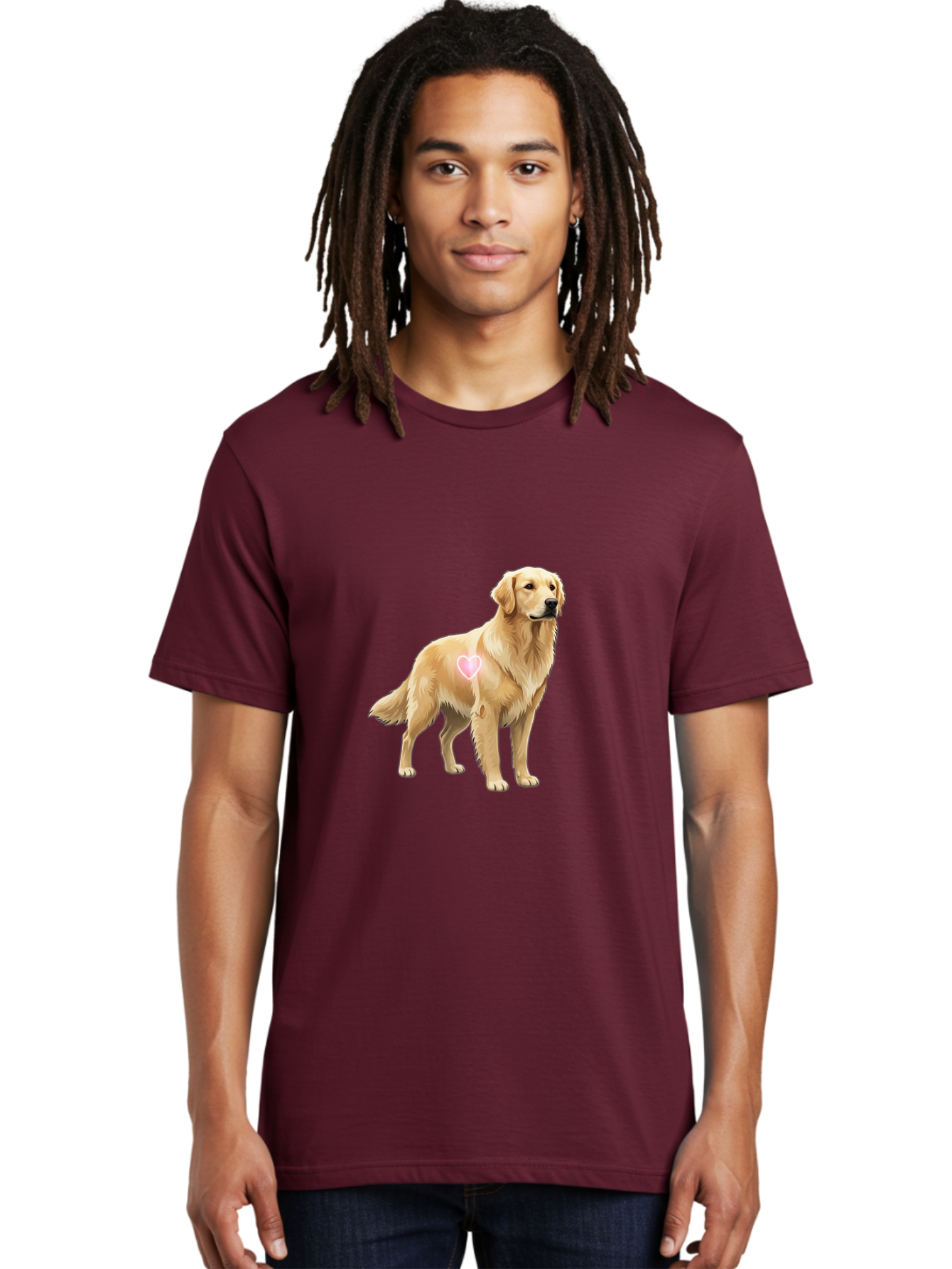 Golden-Retriever-With-Heart-1 Men'S Graphic Tee, 100% Cotton, Comfortable Casual Summer Wear, Machine Washable, Golden Retriever Dog, Heart On Dog, Cute Canine, Lovely Pet, Dog Love, Heart Symbol, Pet Friendly, Dog Graphic Bac002
