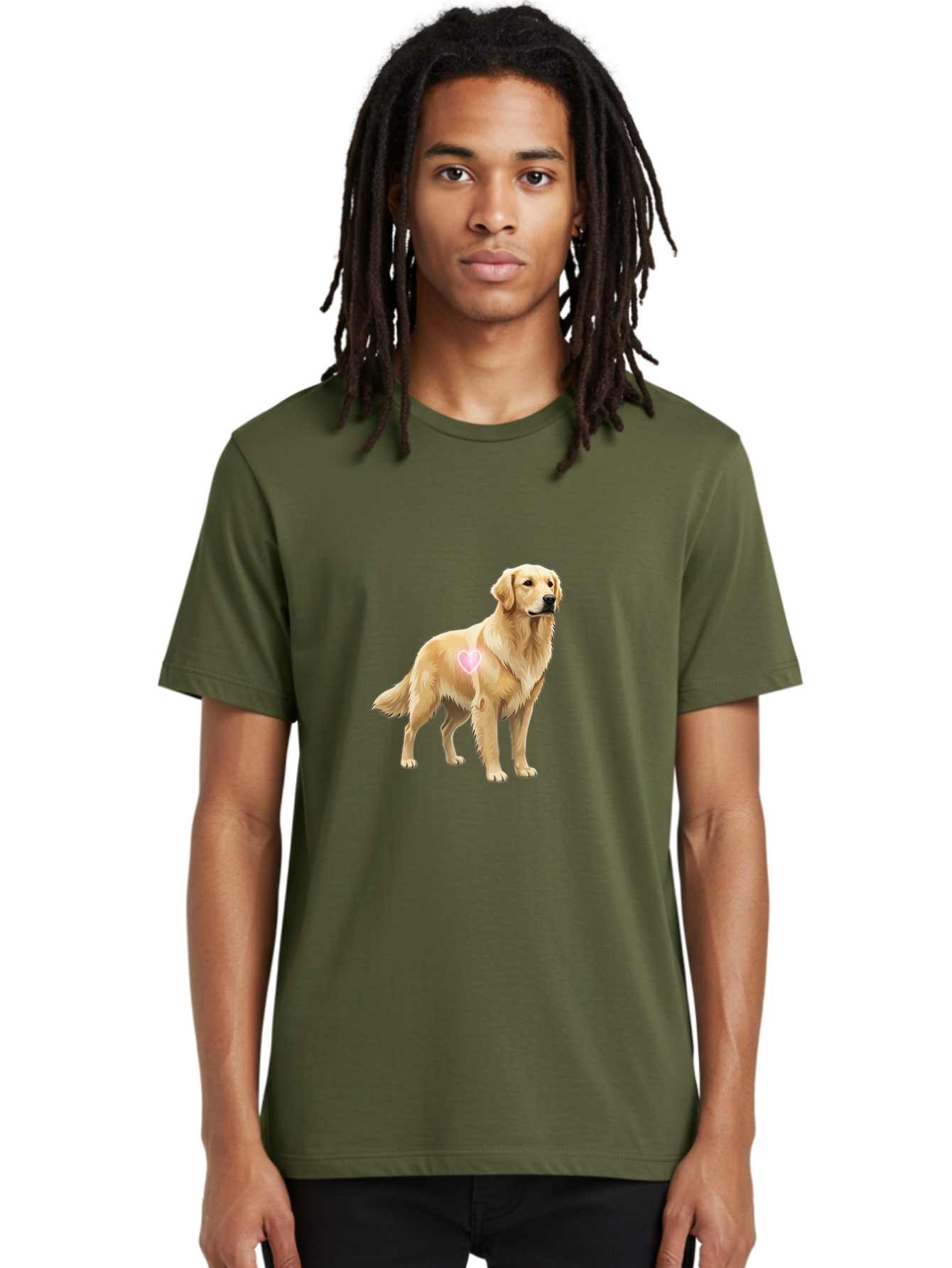 Golden-Retriever-With-Heart-1 Men'S Graphic Tee, 100% Cotton, Comfortable Casual Summer Wear, Machine Washable, Golden Retriever Dog, Heart On Dog, Cute Canine, Lovely Pet, Dog Love, Heart Symbol, Pet Friendly, Dog Graphic Bac002