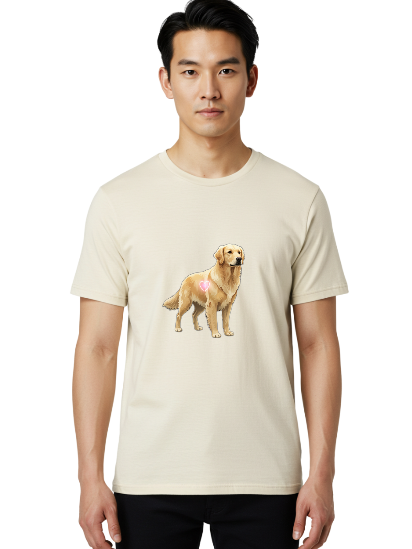 Golden-Retriever-With-Heart-1 Men'S Graphic Tee, 100% Cotton, Comfortable Casual Summer Wear, Machine Washable, Golden Retriever Dog, Heart On Dog, Cute Canine, Lovely Pet, Dog Love, Heart Symbol, Pet Friendly, Dog Graphic Bac002