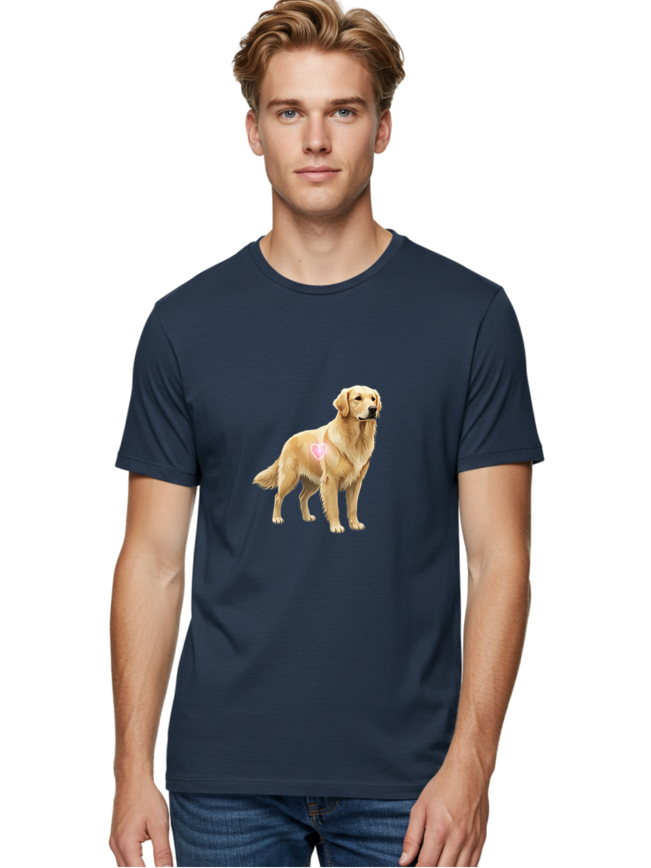 Golden-Retriever-With-Heart-1 Men'S Graphic Tee, 100% Cotton, Comfortable Casual Summer Wear, Machine Washable, Golden Retriever Dog, Heart On Dog, Cute Canine, Lovely Pet, Dog Love, Heart Symbol, Pet Friendly, Dog Graphic Bac002