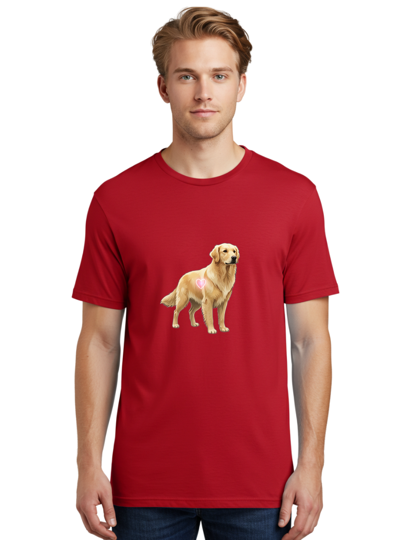 Golden-Retriever-With-Heart-1 Men'S Graphic Tee, 100% Cotton, Comfortable Casual Summer Wear, Machine Washable, Golden Retriever Dog, Heart On Dog, Cute Canine, Lovely Pet, Dog Love, Heart Symbol, Pet Friendly, Dog Graphic Bac002
