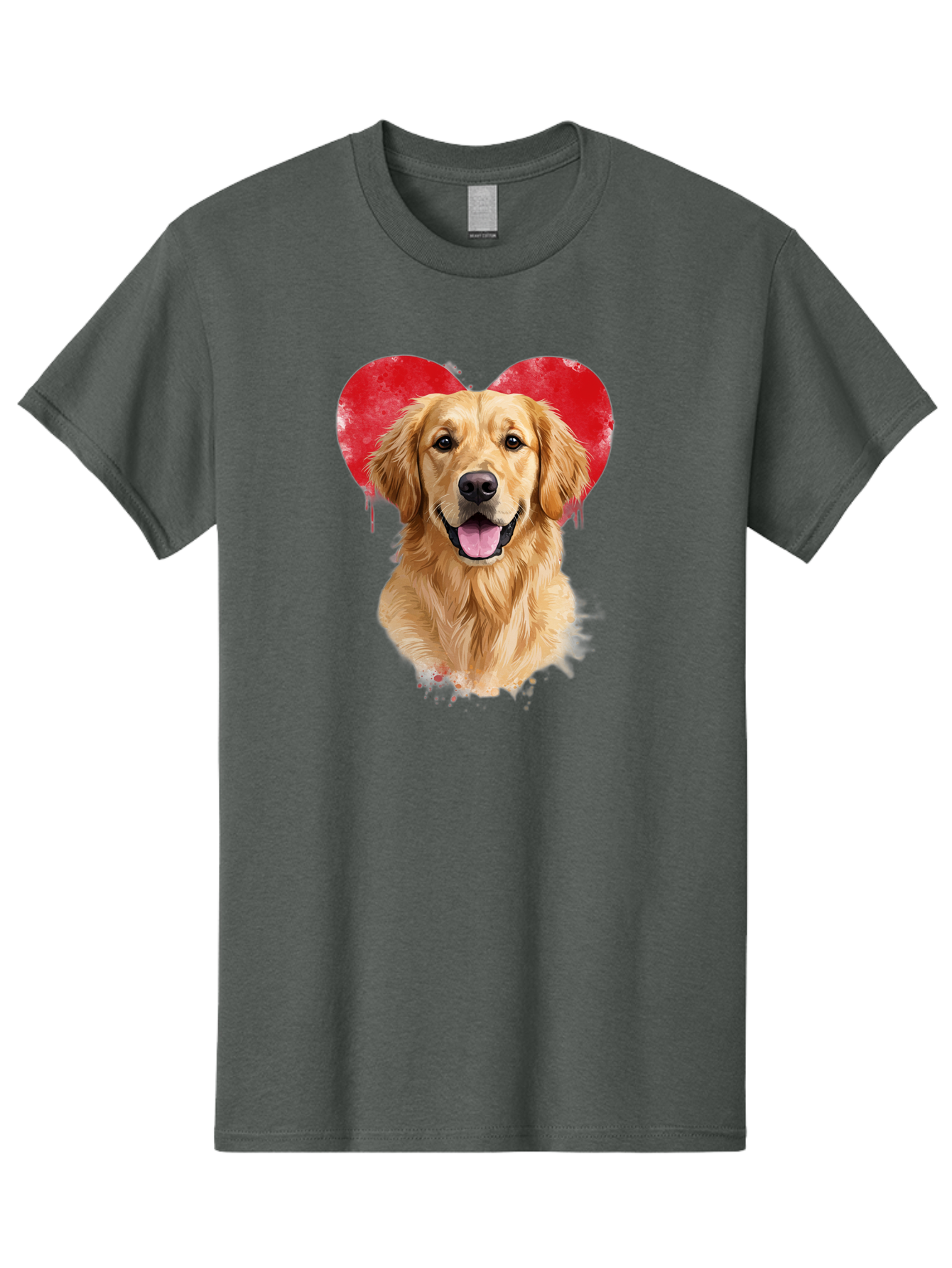 Golden-Retriever-With-Heart Men'S Graphic Tee, 100% Cotton, Comfortable Casual Summer Wear, Machine Washable, Golden Retriever, Dog Love, Red Heart, Dripping Paint, Cute Canine, Furry Friend, Heartwarming Moment, Loyal Companion, Happy Dog, Bac003