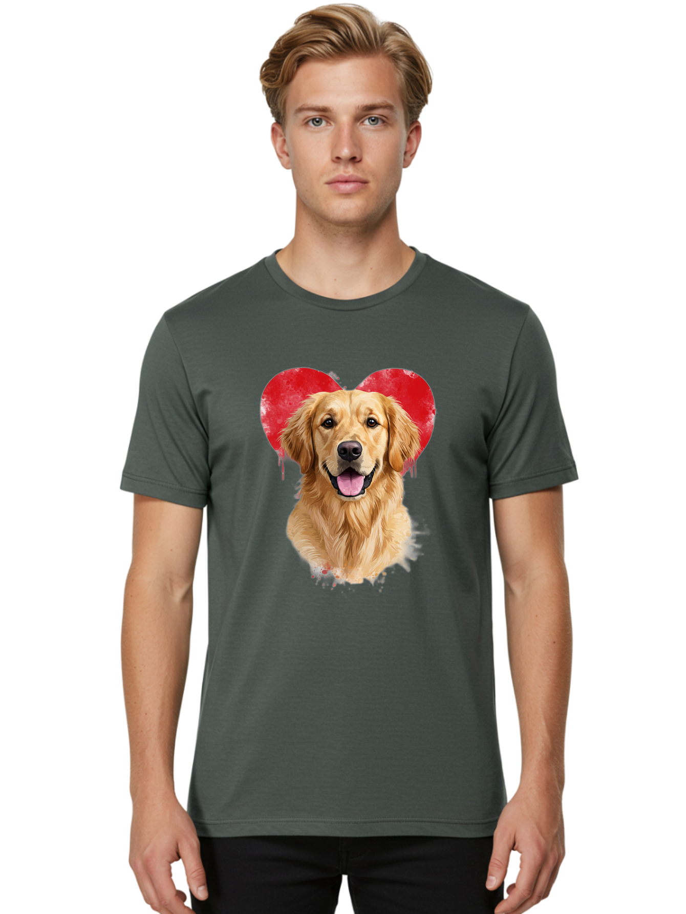 Golden-Retriever-With-Heart Men'S Graphic Tee, 100% Cotton, Comfortable Casual Summer Wear, Machine Washable, Golden Retriever, Dog Love, Red Heart, Dripping Paint, Cute Canine, Furry Friend, Heartwarming Moment, Loyal Companion, Happy Dog, Bac003