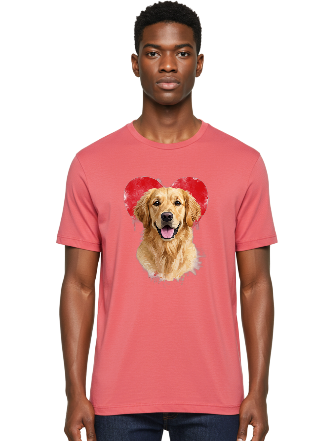 Golden-Retriever-With-Heart Men'S Graphic Tee, 100% Cotton, Comfortable Casual Summer Wear, Machine Washable, Golden Retriever, Dog Love, Red Heart, Dripping Paint, Cute Canine, Furry Friend, Heartwarming Moment, Loyal Companion, Happy Dog, Bac003