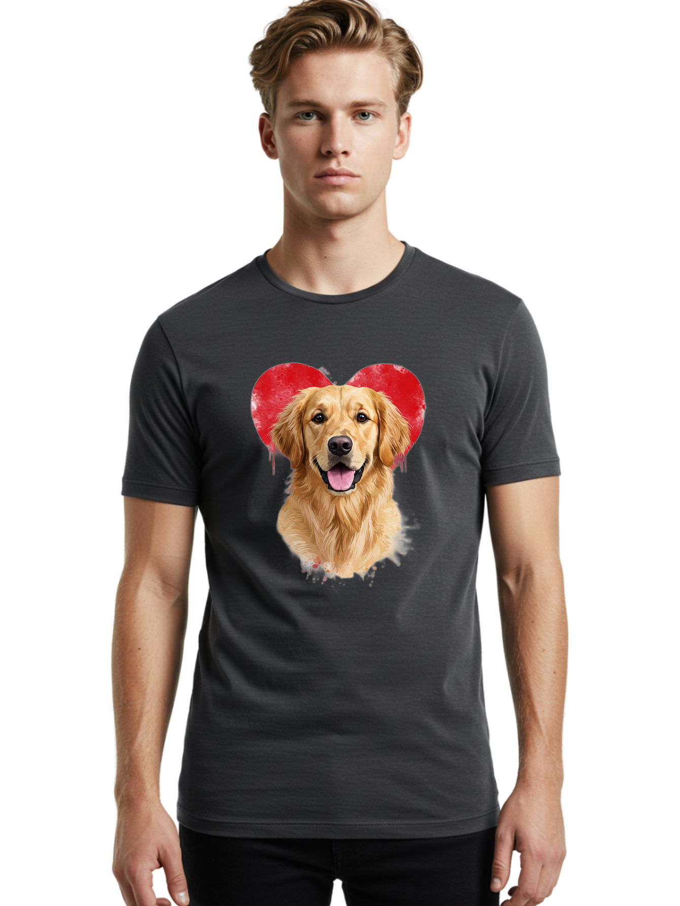 Golden-Retriever-With-Heart Men'S Graphic Tee, 100% Cotton, Comfortable Casual Summer Wear, Machine Washable, Golden Retriever, Dog Love, Red Heart, Dripping Paint, Cute Canine, Furry Friend, Heartwarming Moment, Loyal Companion, Happy Dog, Bac003