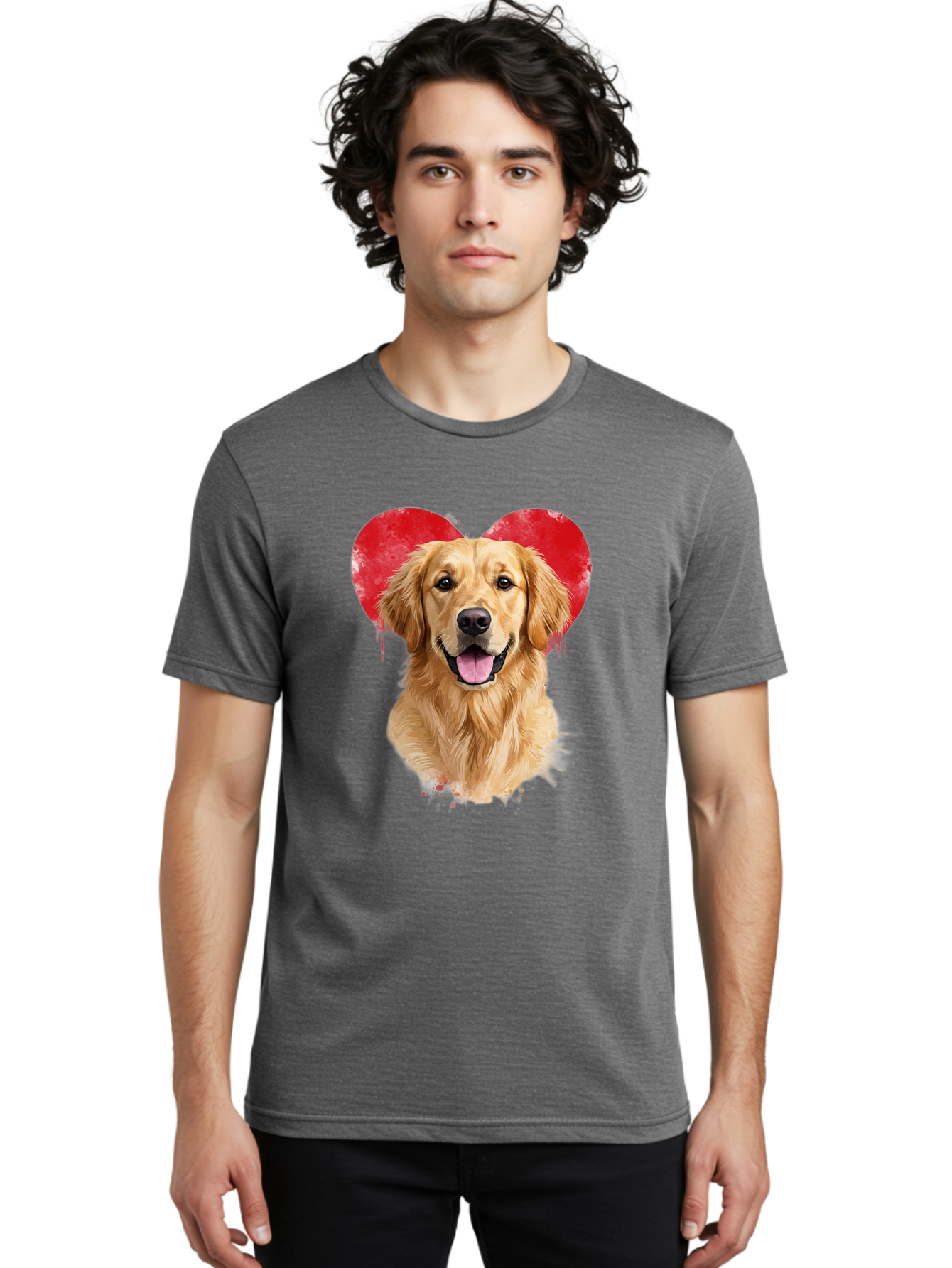 Golden-Retriever-With-Heart Men'S Graphic Tee, 100% Cotton, Comfortable Casual Summer Wear, Machine Washable, Golden Retriever, Dog Love, Red Heart, Dripping Paint, Cute Canine, Furry Friend, Heartwarming Moment, Loyal Companion, Happy Dog, Bac003