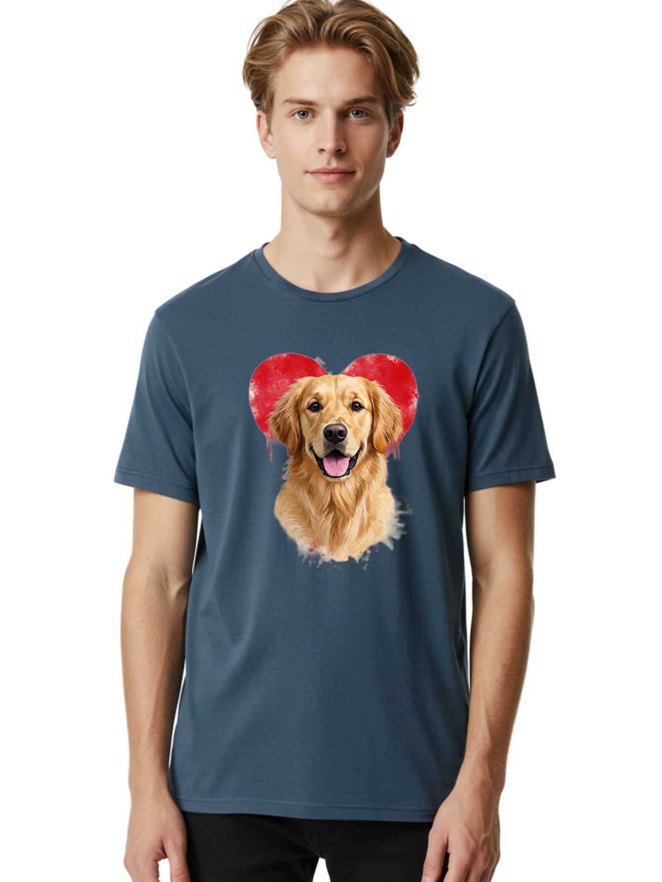 Golden-Retriever-With-Heart Men'S Graphic Tee, 100% Cotton, Comfortable Casual Summer Wear, Machine Washable, Golden Retriever, Dog Love, Red Heart, Dripping Paint, Cute Canine, Furry Friend, Heartwarming Moment, Loyal Companion, Happy Dog, Bac003