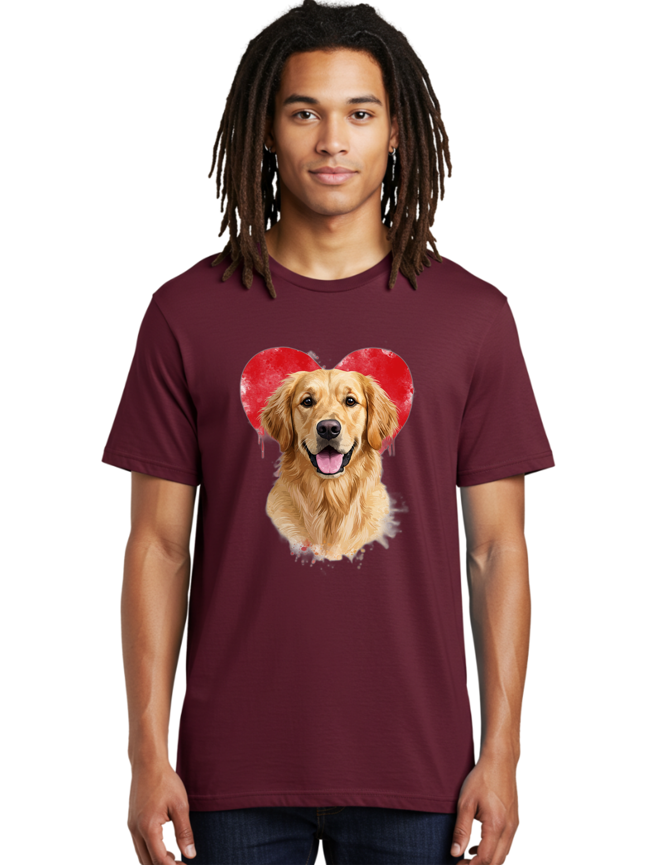 Golden-Retriever-With-Heart Men'S Graphic Tee, 100% Cotton, Comfortable Casual Summer Wear, Machine Washable, Golden Retriever, Dog Love, Red Heart, Dripping Paint, Cute Canine, Furry Friend, Heartwarming Moment, Loyal Companion, Happy Dog, Bac003